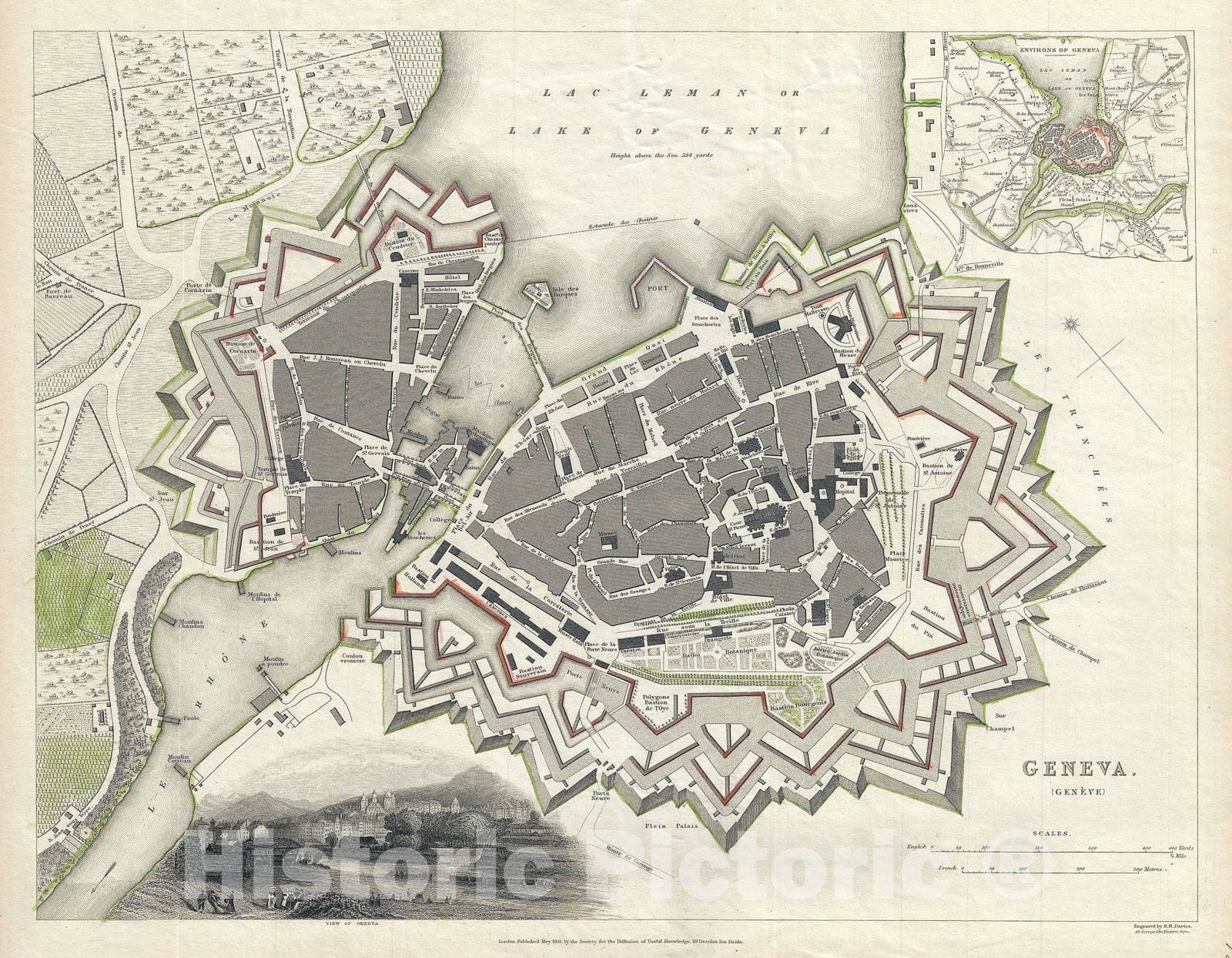 Historic Map : Plan of Geneva, Switzerland, S.D.U.K., 1841, Vintage Wall Art