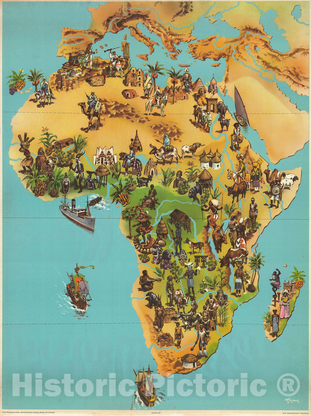 Historic Map : Westermann Pictorial Map of Africa, 1957, Vintage Wall Art