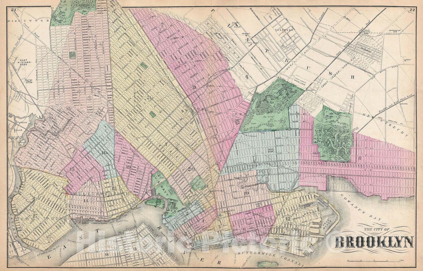 Historic Map : Brooklyn, New York City, Beers, 1873, Vintage Wall Art