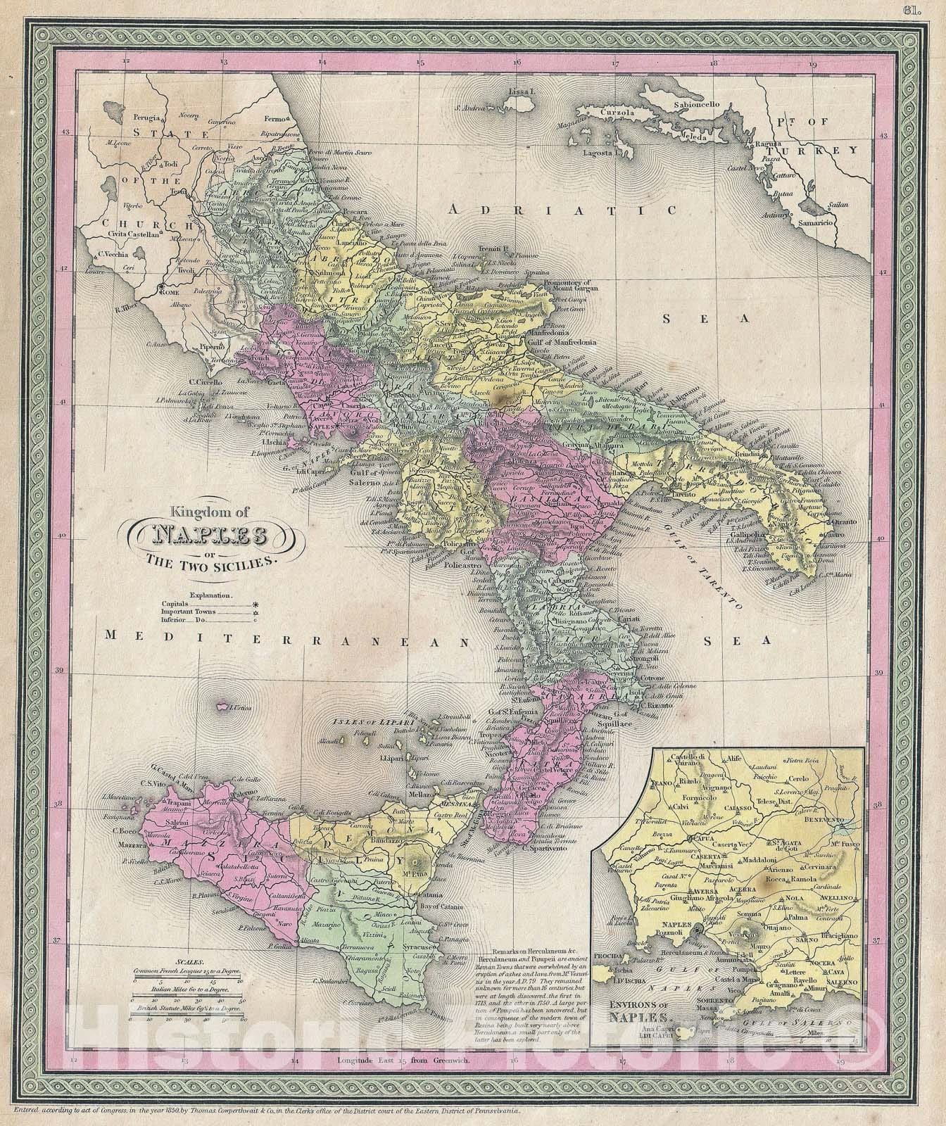 Historic Map : Southern Italy " Naples, Sicily ", Mitchell, 1853, Vintage Wall Art