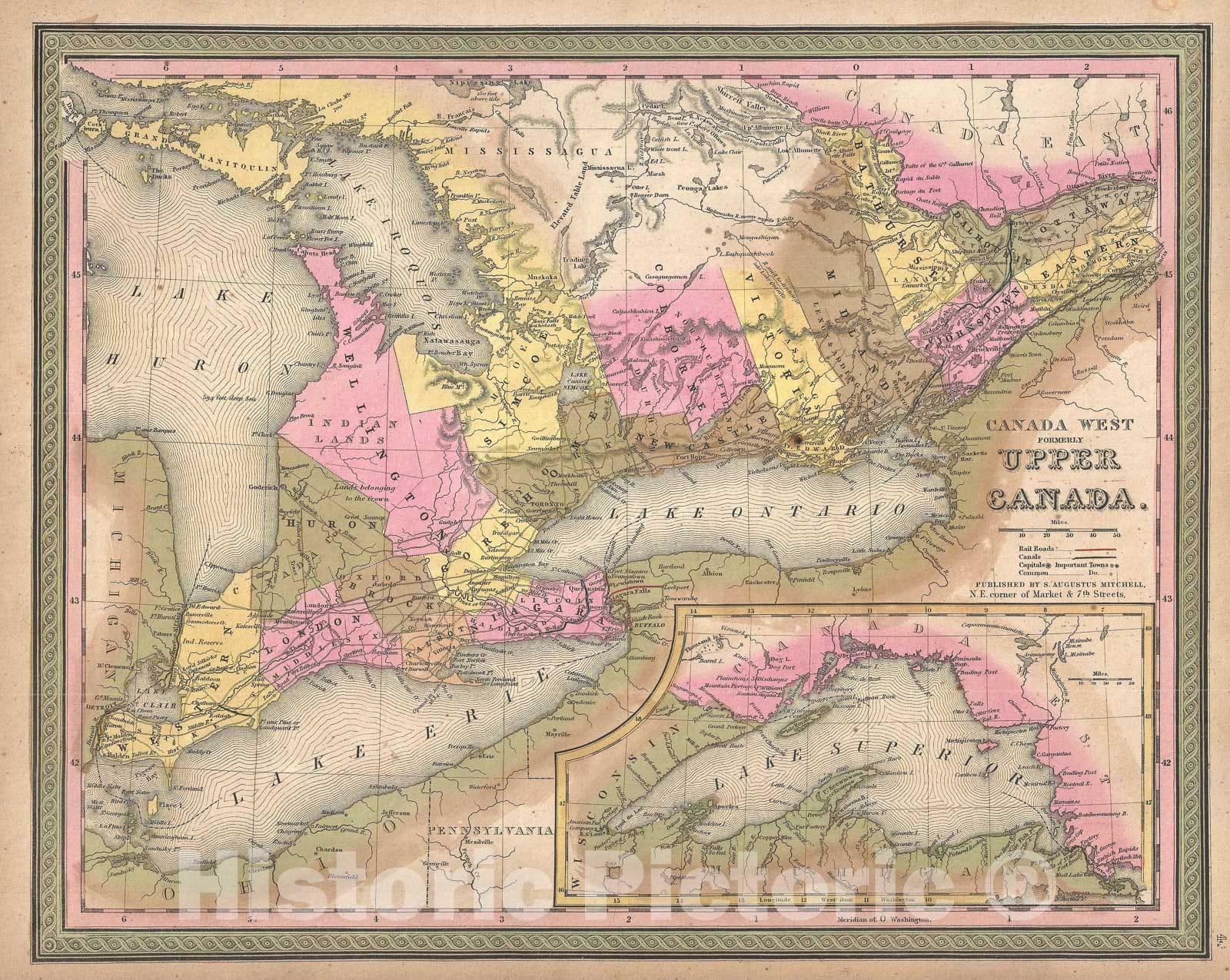 Historic Map : Ontario, Upper Canada or Canada West, Mitchell, 1850, Vintage Wall Art
