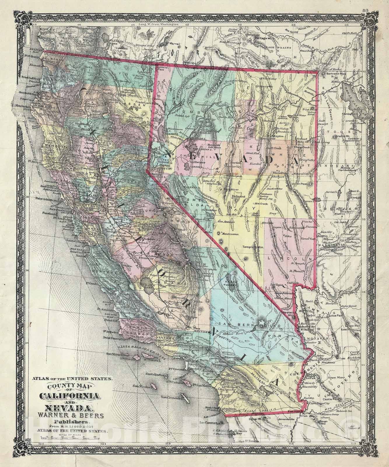 Historic Map : California and Nevada, Warner and Beers, 1875, Vintage Wall Art