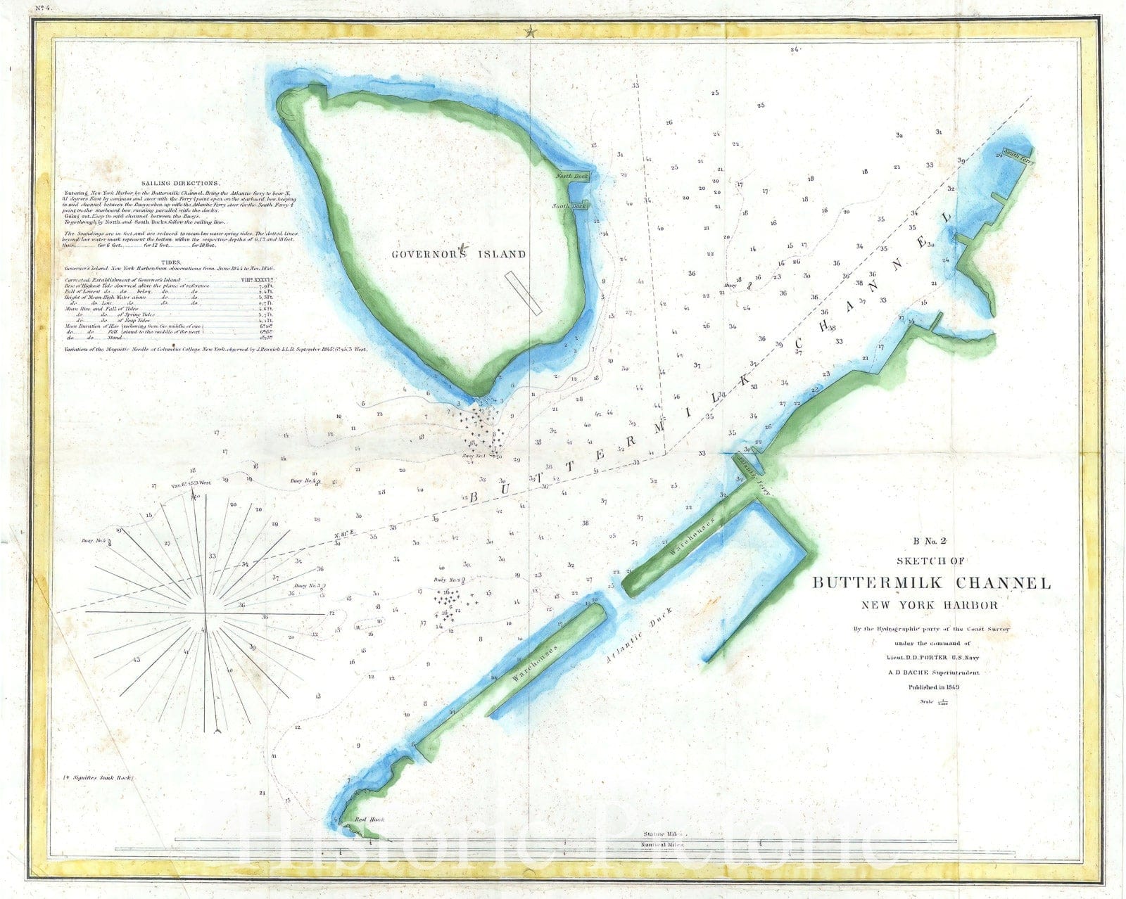 Historic Map : Nautical Chart Buttermilk Channel, New York Harbor, U.S. Coast Survey, 1849, Vintage Wall Art