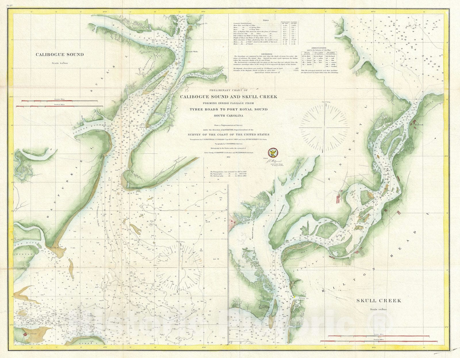 Historic Map : Calibogue Sound and Skull Creek, South Carolina, U. S. Coast Survey, 1862, Vintage Wall Art