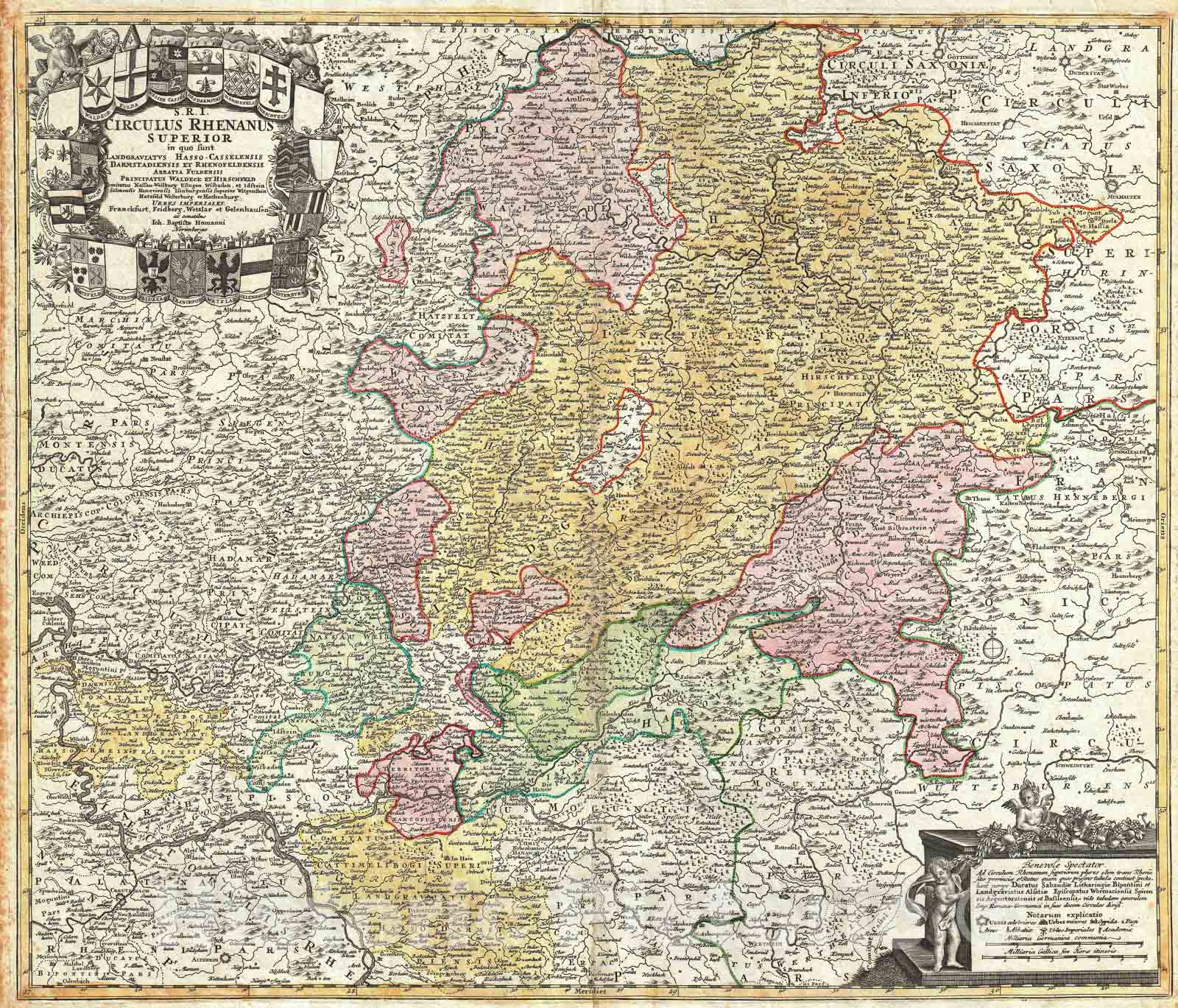 Historic Map : The Upper Rhine " Frankfurt, Cassel, Coblentz, Darmstadt ", Homann, 1730, Vintage Wall Art