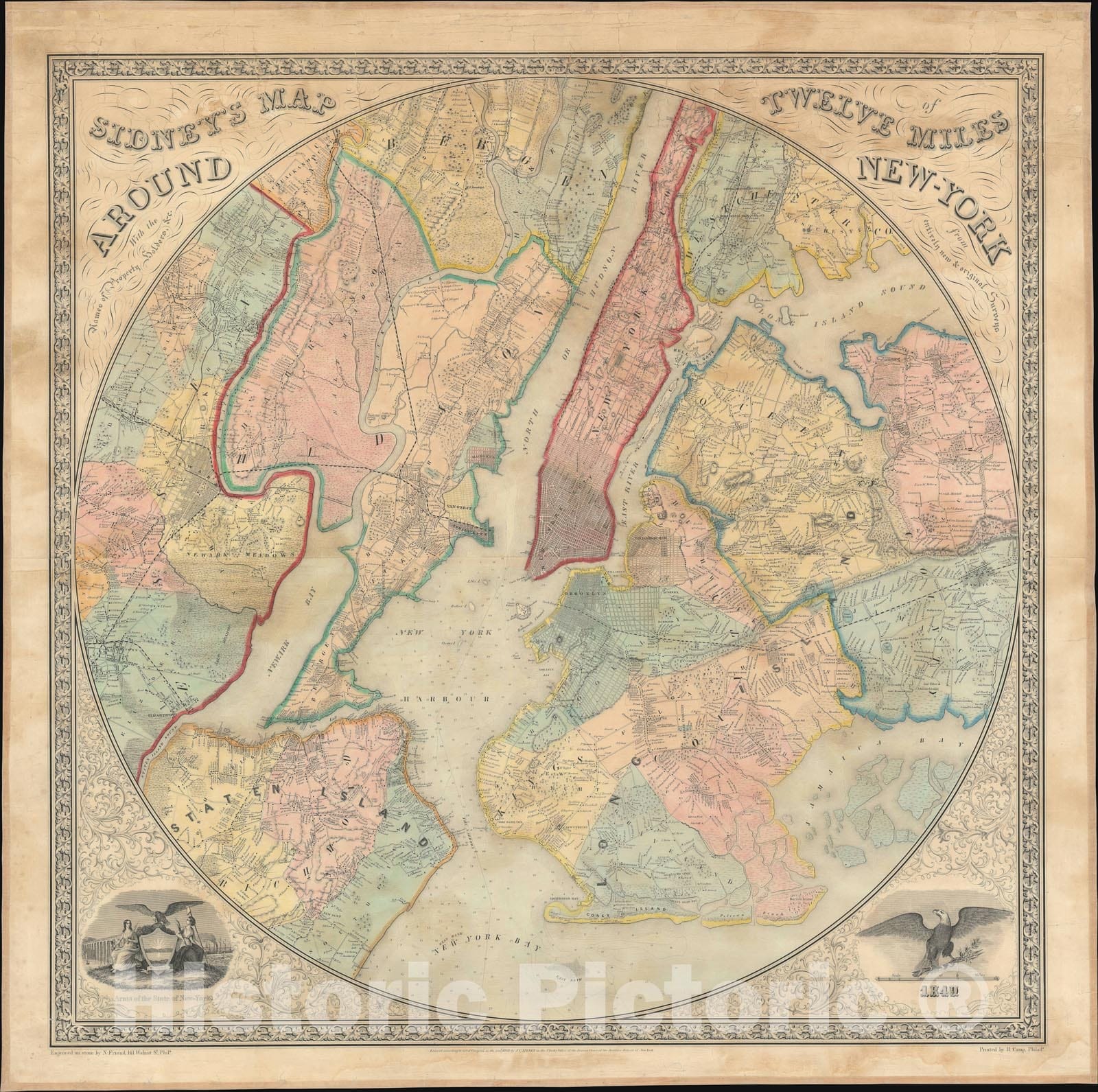 Historic Map : The Twelve Miles Around New York City, Sidney, 1849, Vintage Wall Art