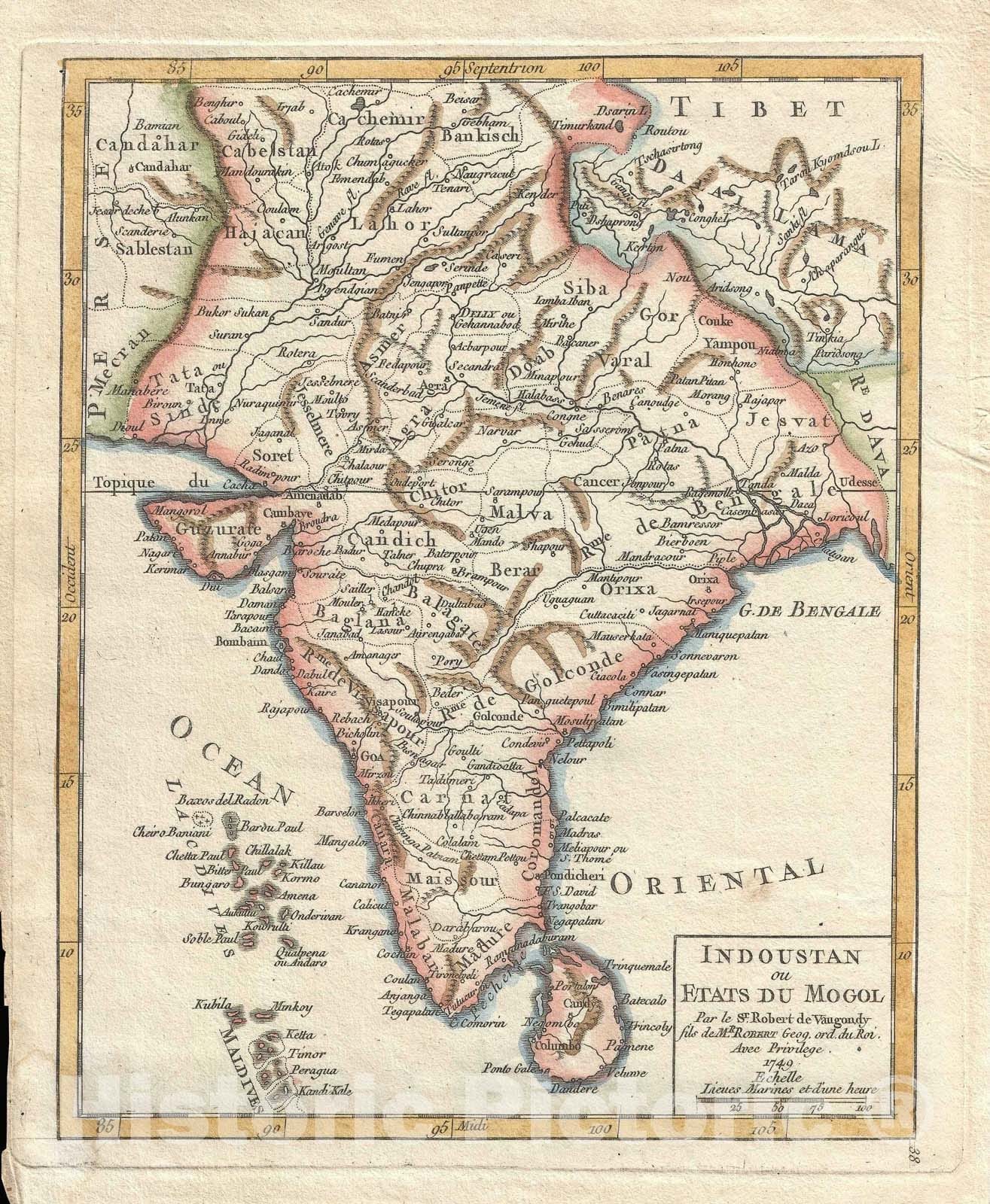 Historic Map : India and Sri Lanka, Vaugondy, 1749, Vintage Wall Art