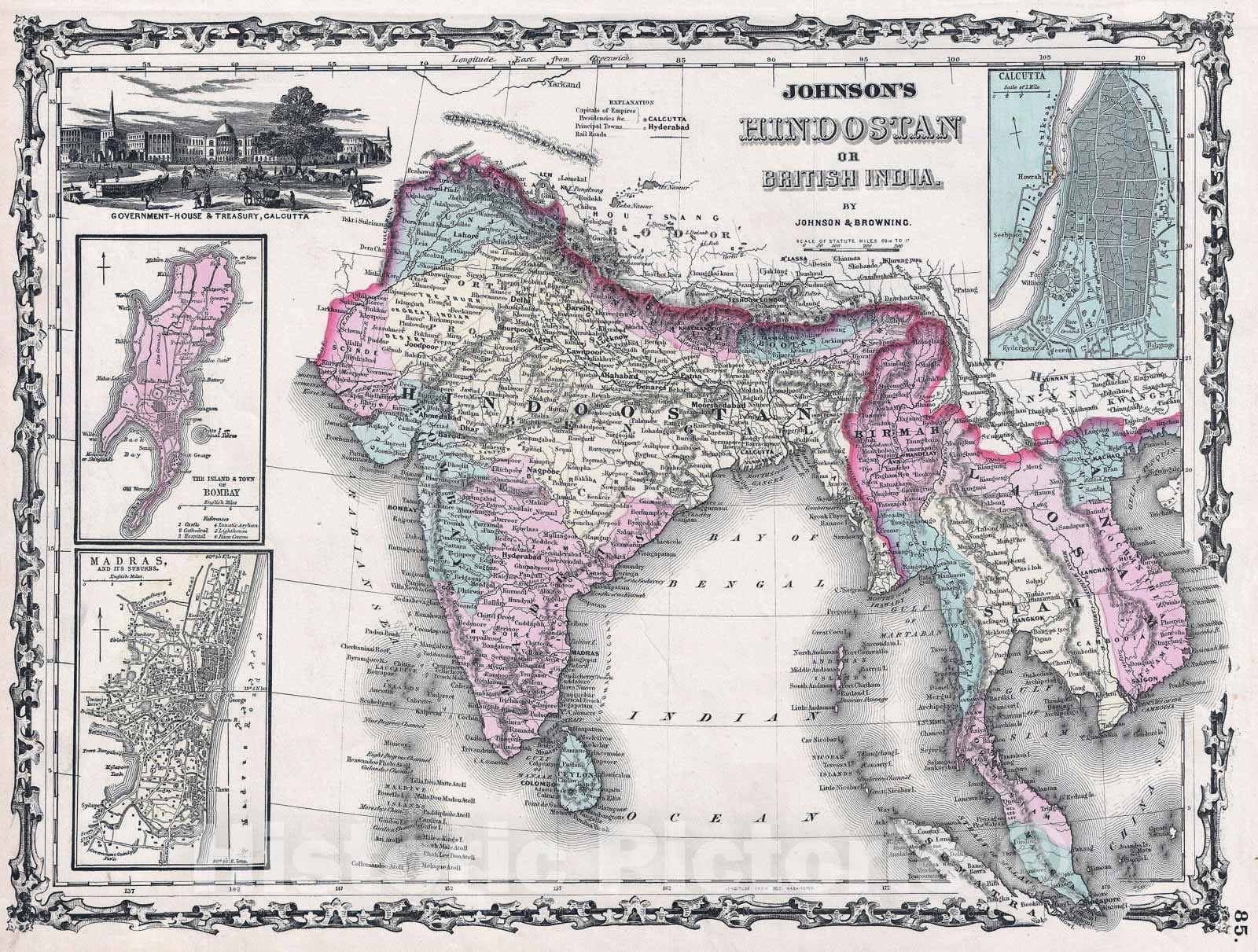 Historic Map : India "Hindostan or British India", Johnson, 1861, Vintage Wall Art