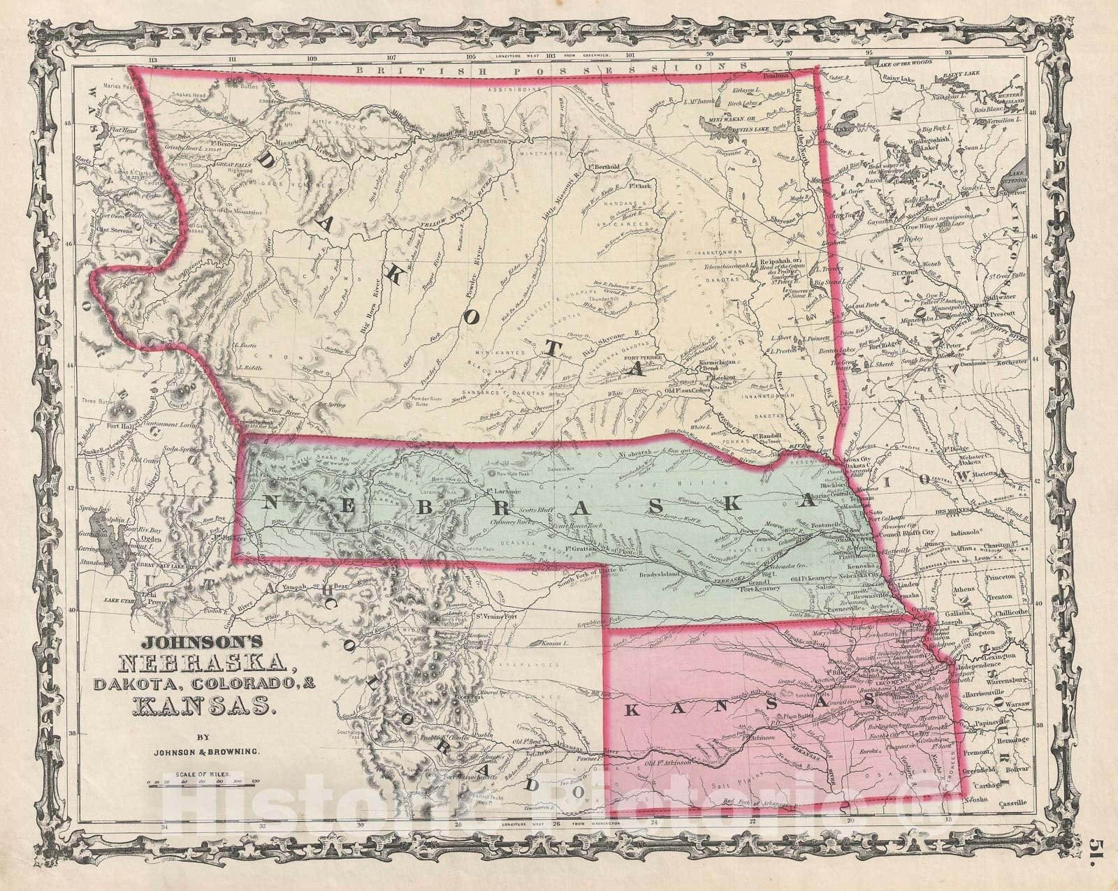 Historic Map : Nebraska, Dakota, Colorado and Kansas, Johnson, 1861, Vintage Wall Art