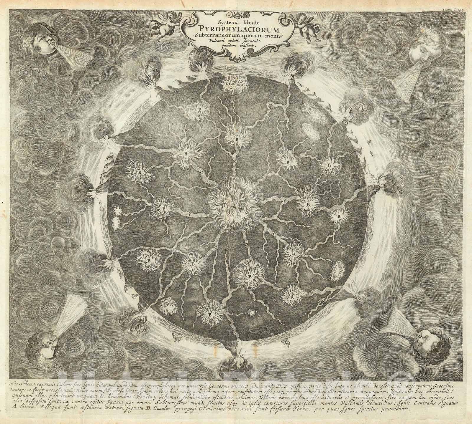 Historic Map : The Interior of The World w/Volcanic Systems, Kircher, 1665, Vintage Wall Art