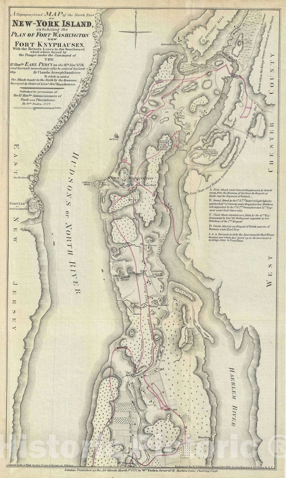 Historic Map : Upper Manhattan "1860 reissue", Faden, 1777, Vintage Wall Art