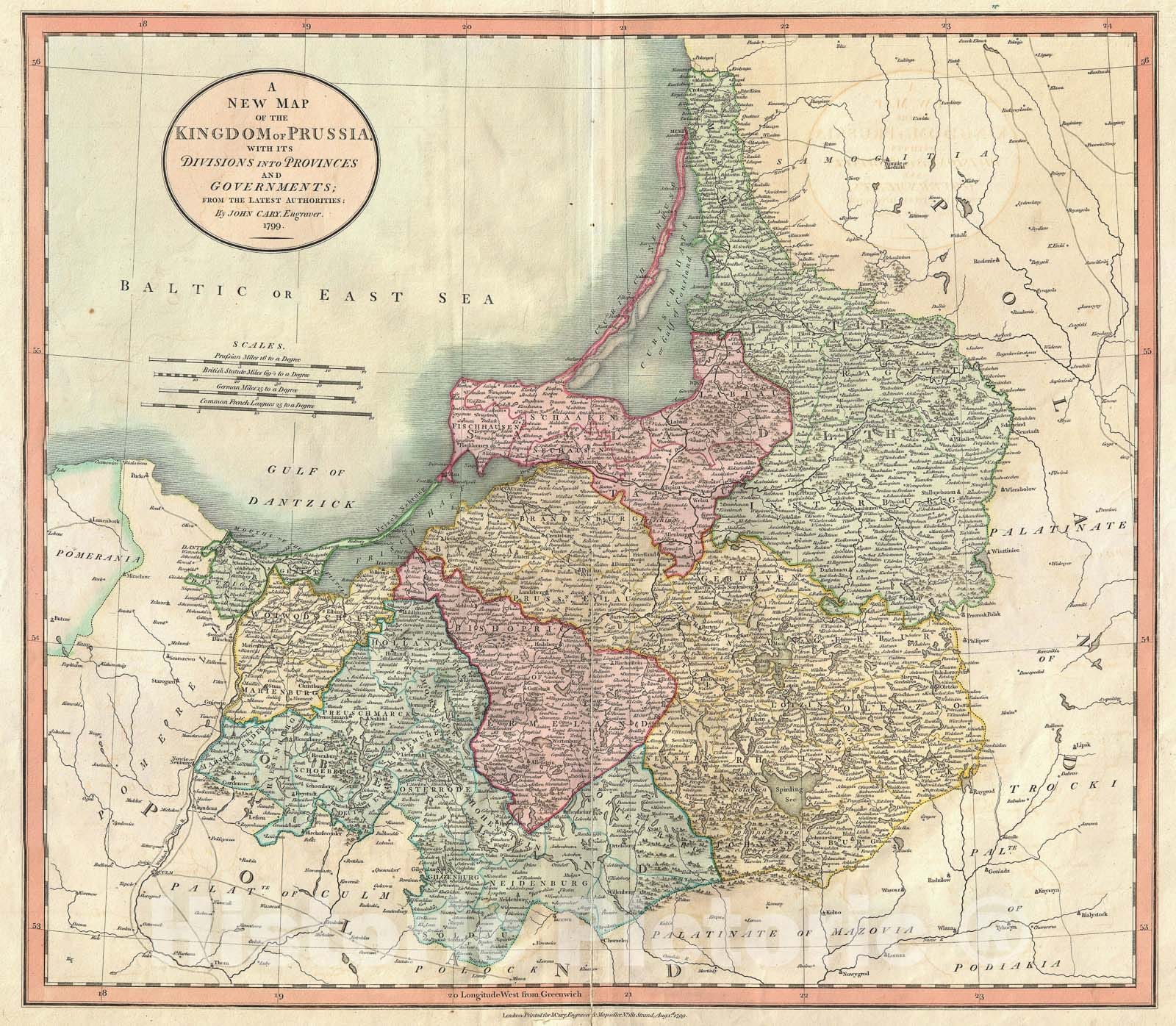 Historic Map : Prussia and Lithuania, Cary, 1799, Vintage Wall Art
