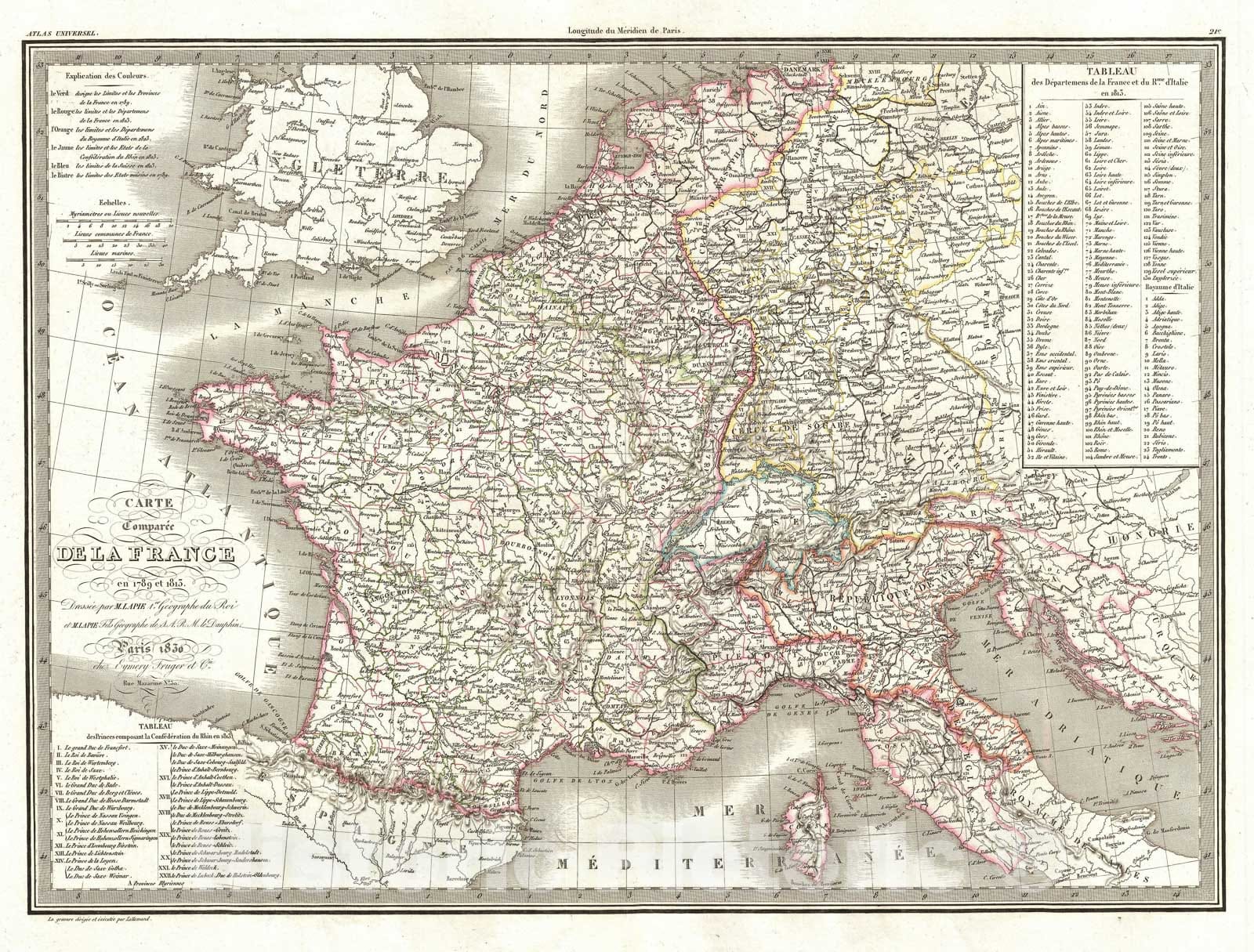 Historic Map : France in 1789 and 1813, Lapie Comparative, 1830, Vintage Wall Art