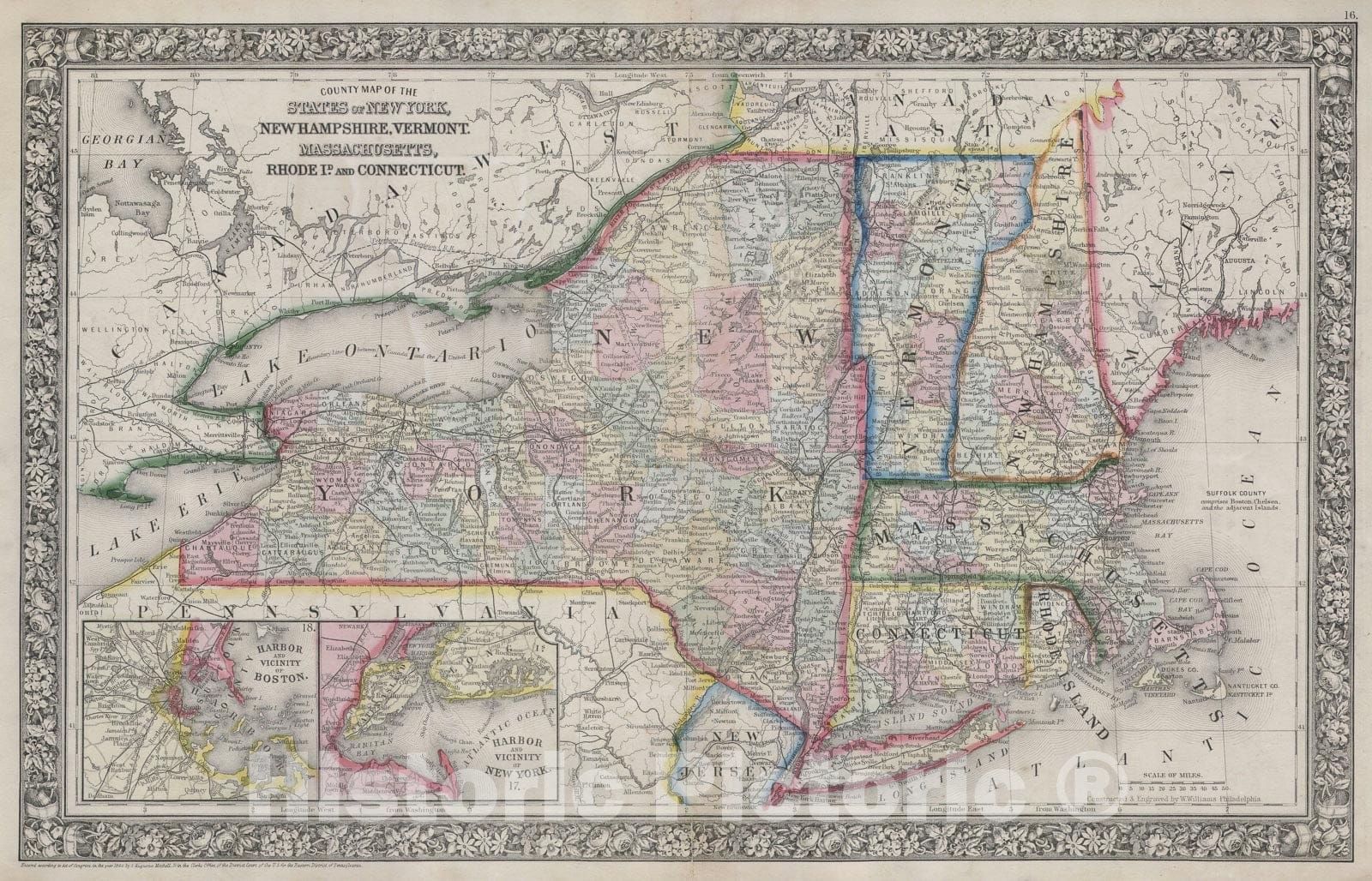 Historic Map : New York, Massachusetts, Connecticut, Rhode Island, New Hampshire &amp; Vermont, Mitchell, 1864, Vintage Wall Art