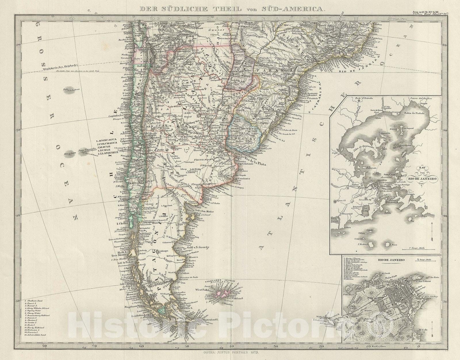 Historic Map : The Southern part of South America, Stieler, 1873, Vintage Wall Art