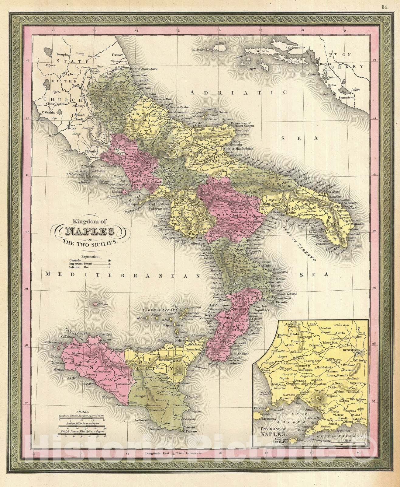 Historic Map : Southern Italy: The Kingdom of Naples or The two Sicilies, Mitchell, 1854, Vintage Wall Art