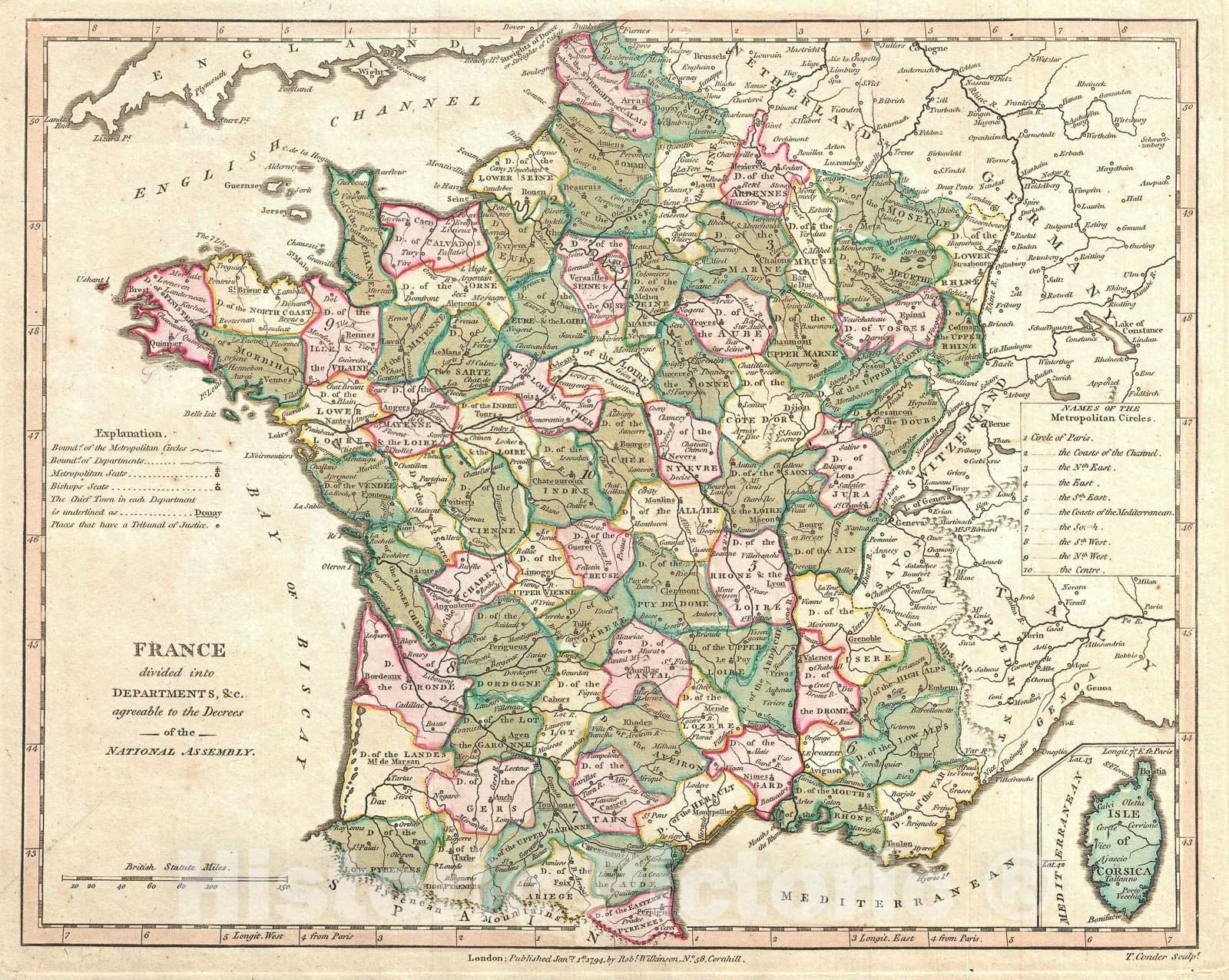 Historic Map : France in Departments, Wilkinson, 1794, Vintage Wall Art