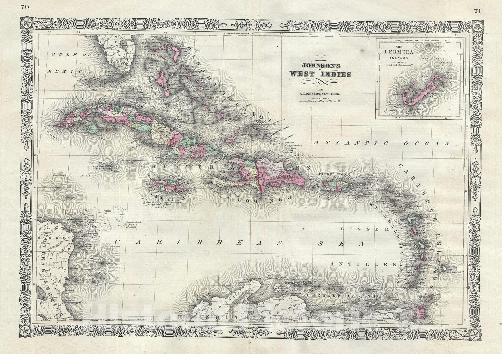 Historic Map : The West Indies and Caribbean, Johnson, 1866, Vintage Wall Art