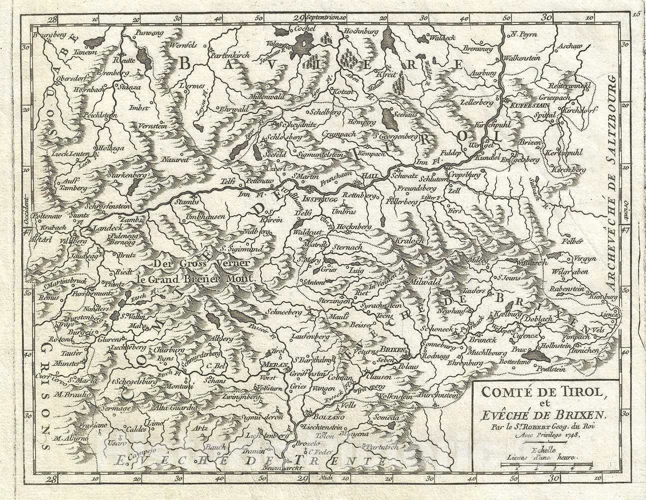 Historic Map : The County of Tyrol, Italy and Austria, Vaugondy, 1748, Vintage Wall Art