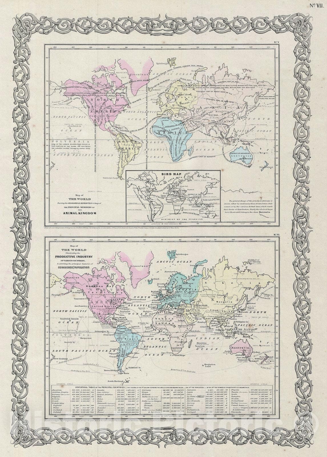 Historic Map : World Industry and Animals, Colton, 1856, Vintage Wall Art