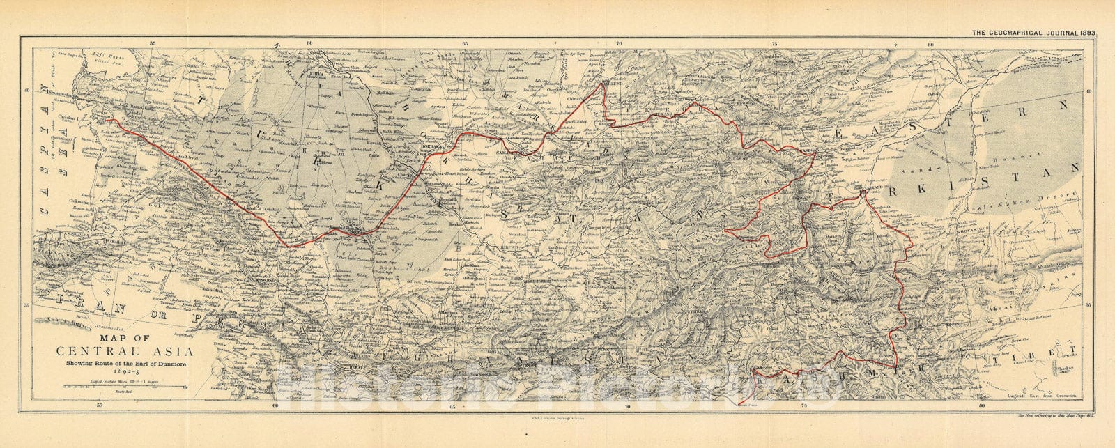 Historic Map : Central Asia Tracing The Route of The Earl of Dunmore, Johnston, 1893, Vintage Wall Art
