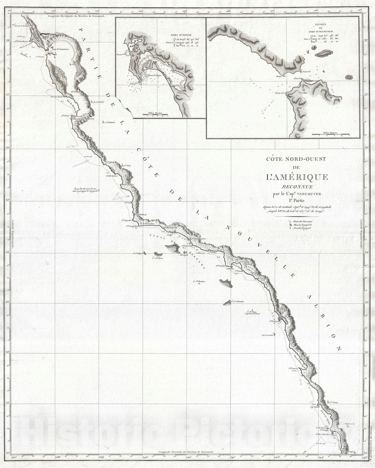 Historic Map : The California Coast w/ San Francisco and San Diego Bays, Vancouver, 1799, Vintage Wall Art