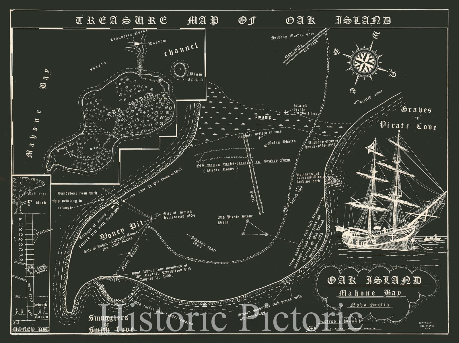 Historic Map : Oak Island Treasure, Nova Scotia, Canada, Nolan, 1974, Vintage Wall Art