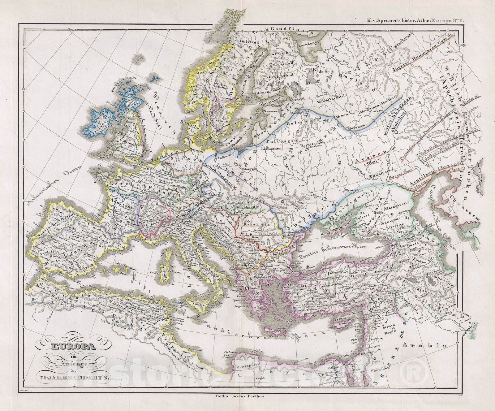 Historic Map : Europe at The end of The 5th and beginning of The 6th Century, Spruner, 1854, Vintage Wall Art