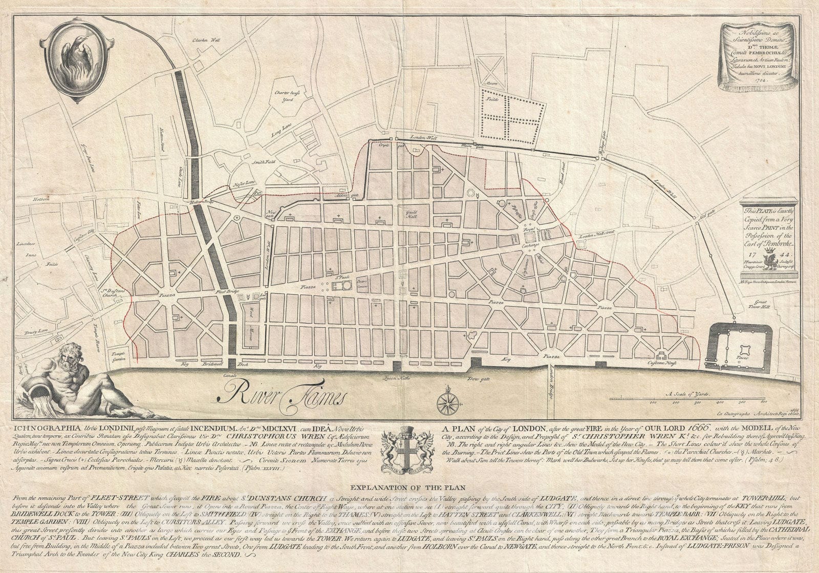Historic Map : London, England, Wren, 1744, Vintage Wall Art