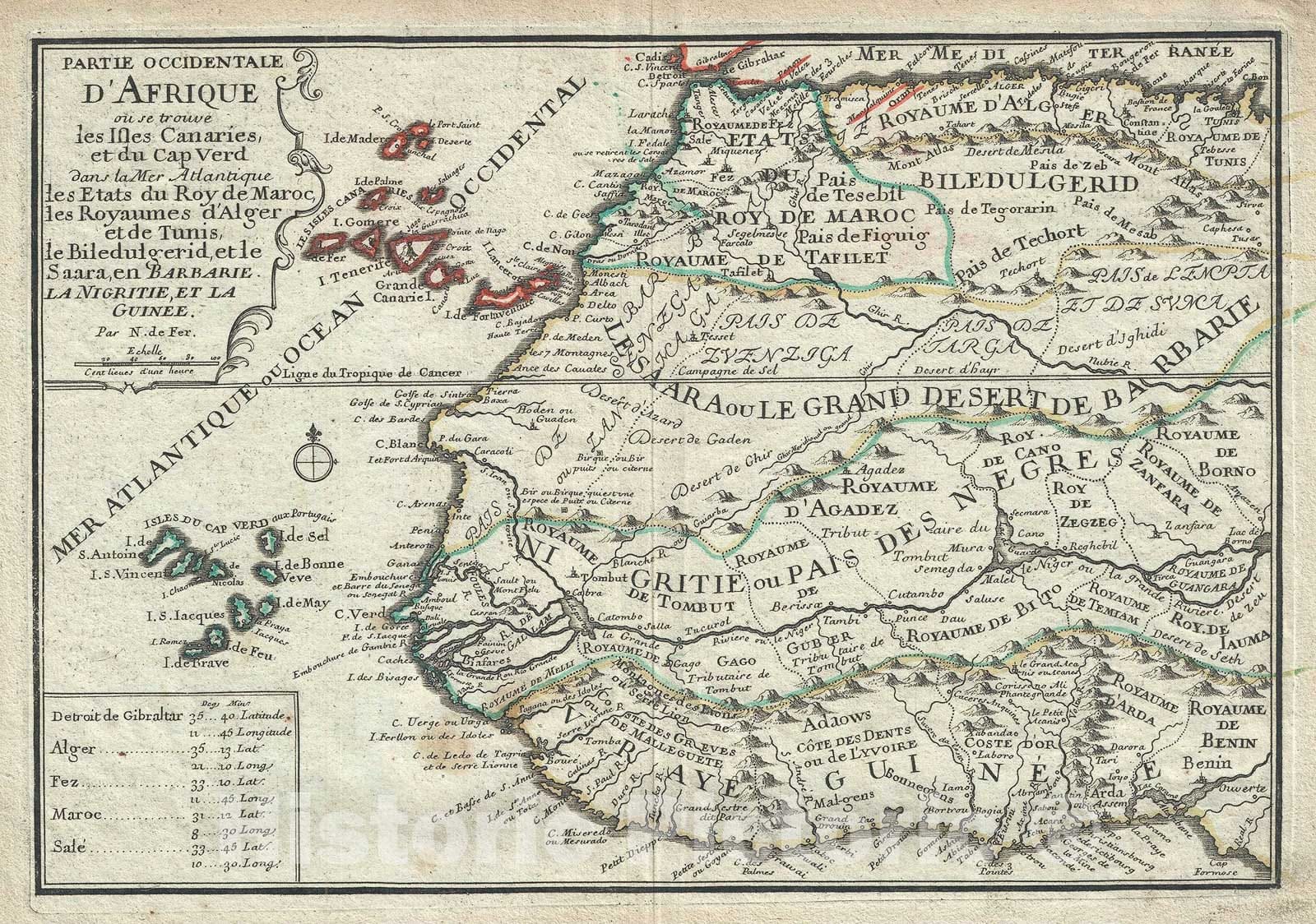 Historic Map : Western Africa "Guinea, Benin, Morocco, Tripoli, Canary Islands", De Fer, 1701, Vintage Wall Art