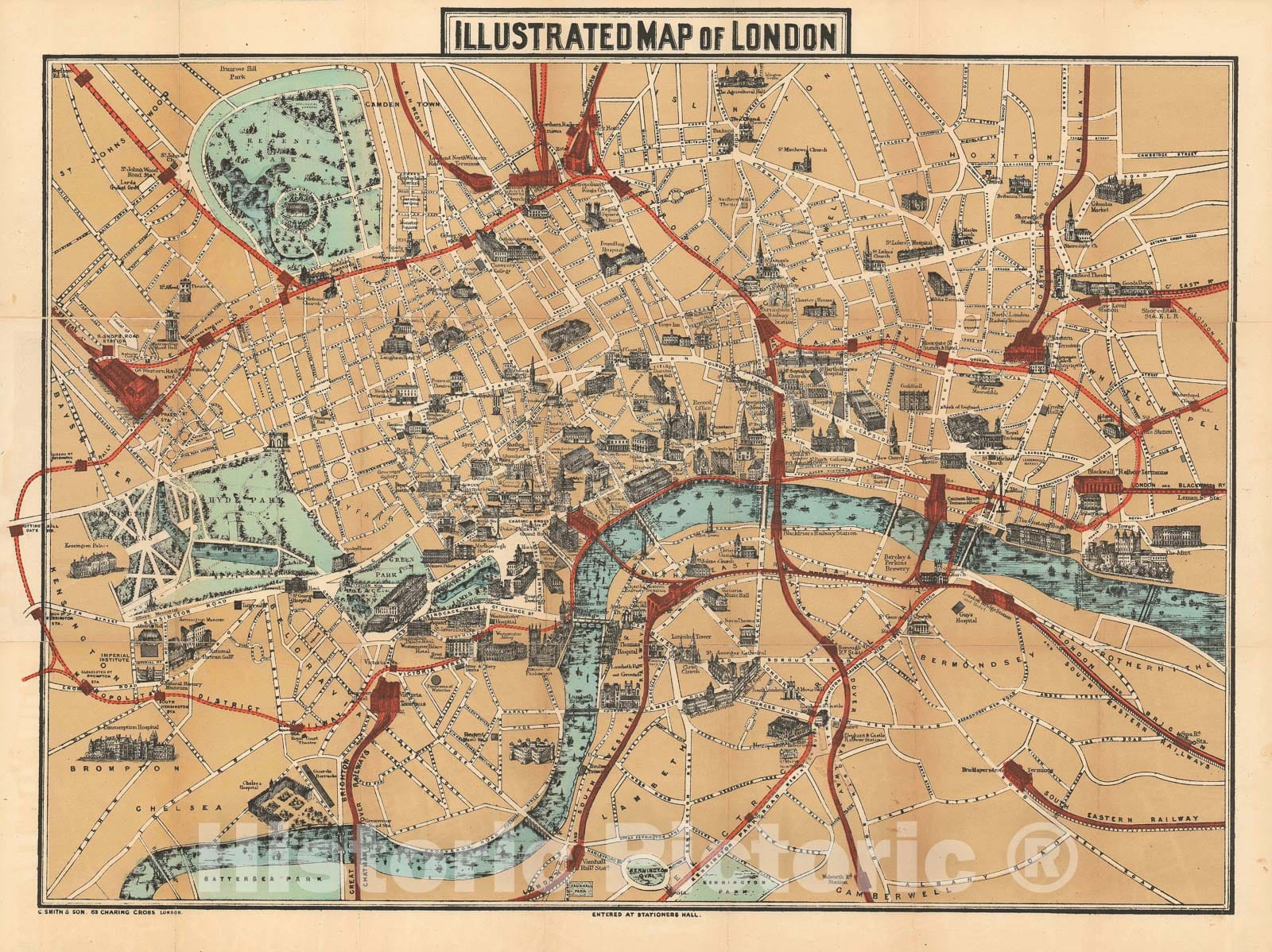 Historic Map : Pictorial map of London, Smith, 1887, Vintage Wall Art