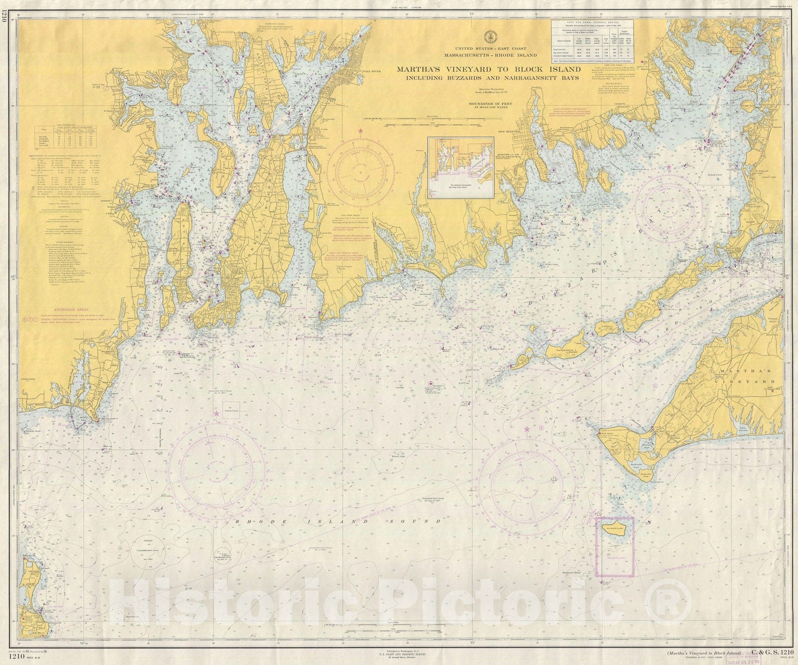 Historic Map : Nautical Chart Martha's Vineyard to Block Island, U.S. Coast Survey, 1958, Vintage Wall Art