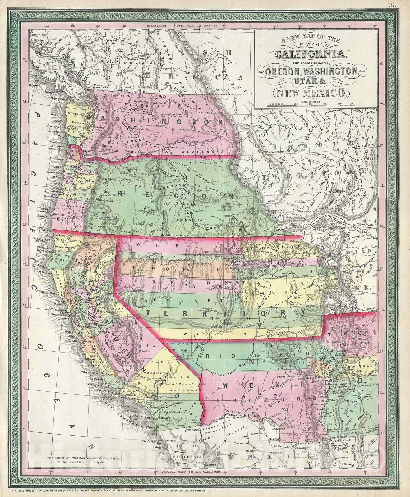 Historic Map : California, Oregon, Washington, Utah and New Mexico, Mitchell, 1854, Vintage Wall Art
