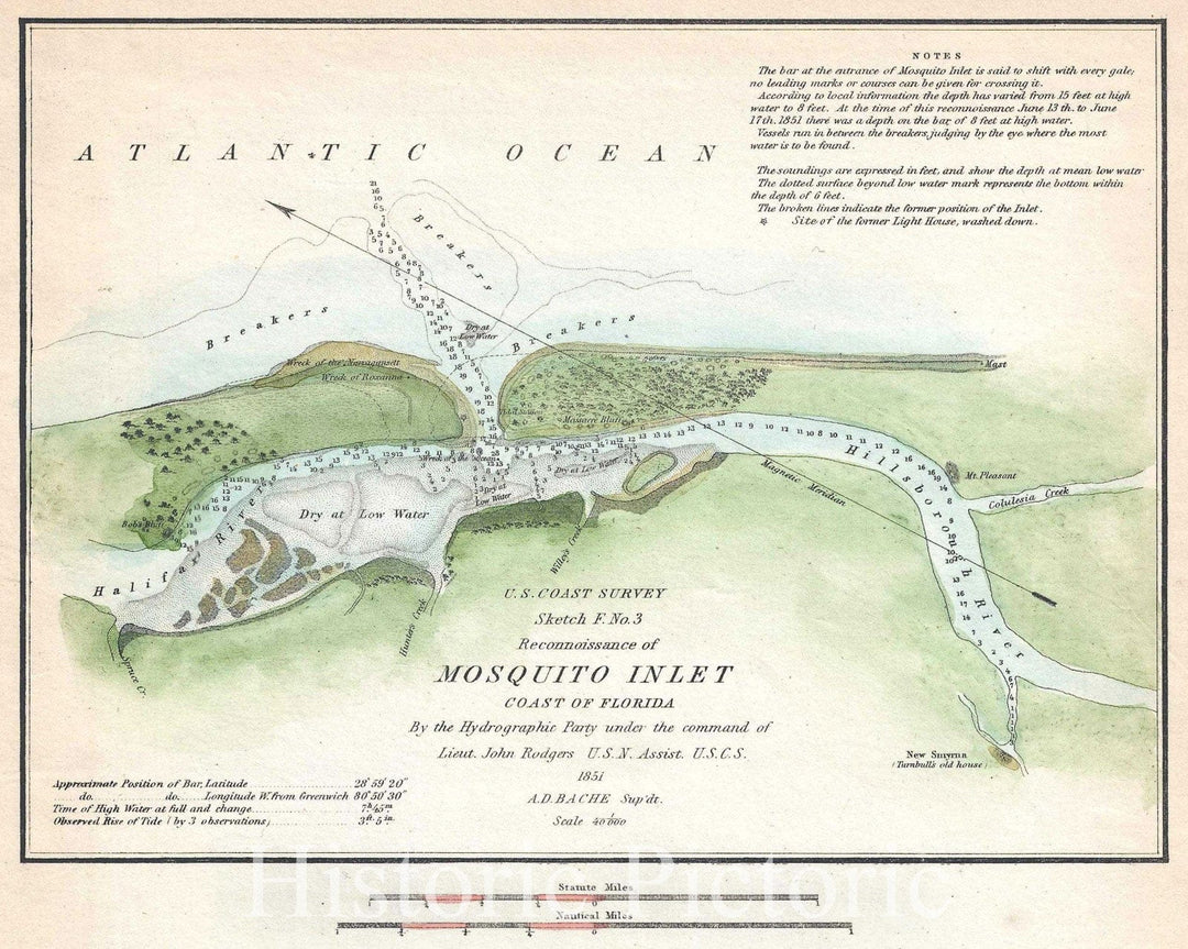 Historic Map : Nautical Chart Mosquito "Ponce de Leon" Inlet, Orange County, Florida, U.S. Coast Survey, 1851, Vintage Wall Art