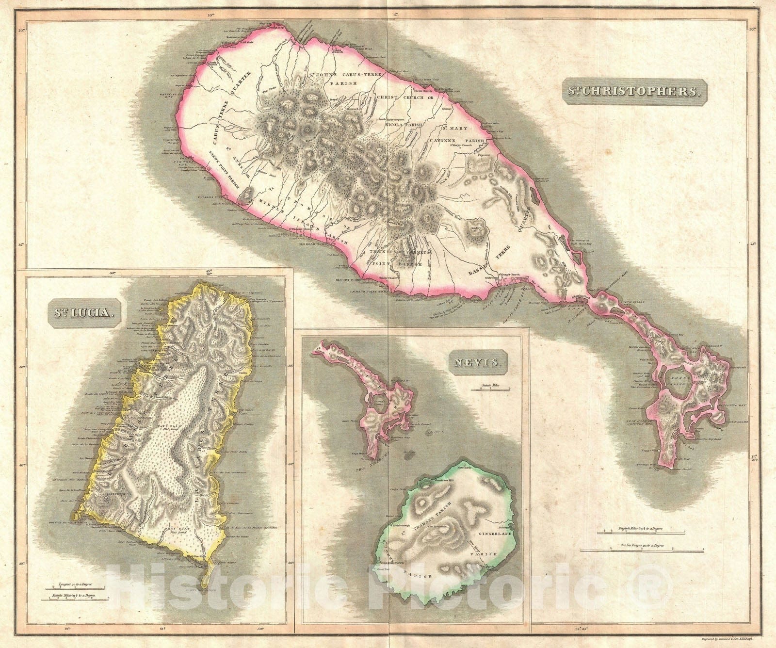 Historic Map : West Indies Islands: St. Christophers, St. Lucia, &amp; Nevis, Thomson, 1814, Vintage Wall Art