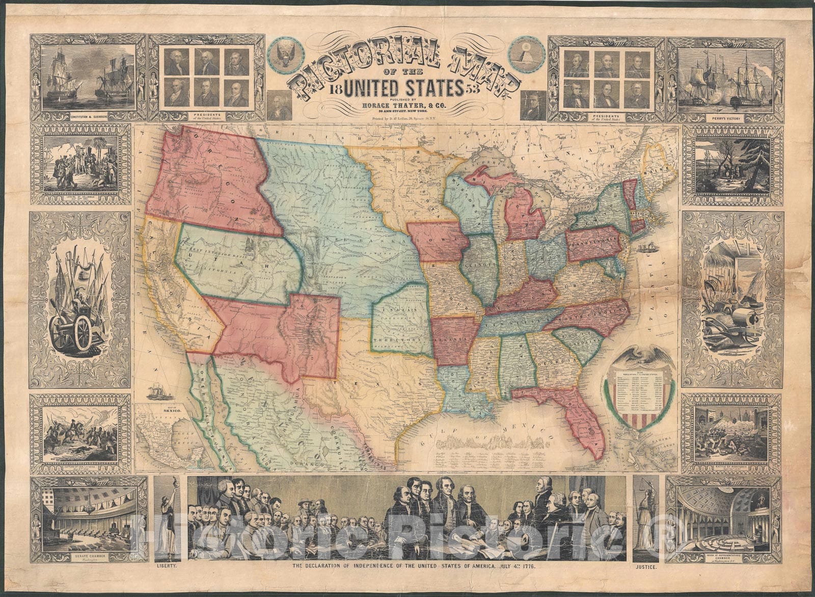 Historic Map : Pictorial Map of The United States, Thayer, 1853, Vintage Wall Art