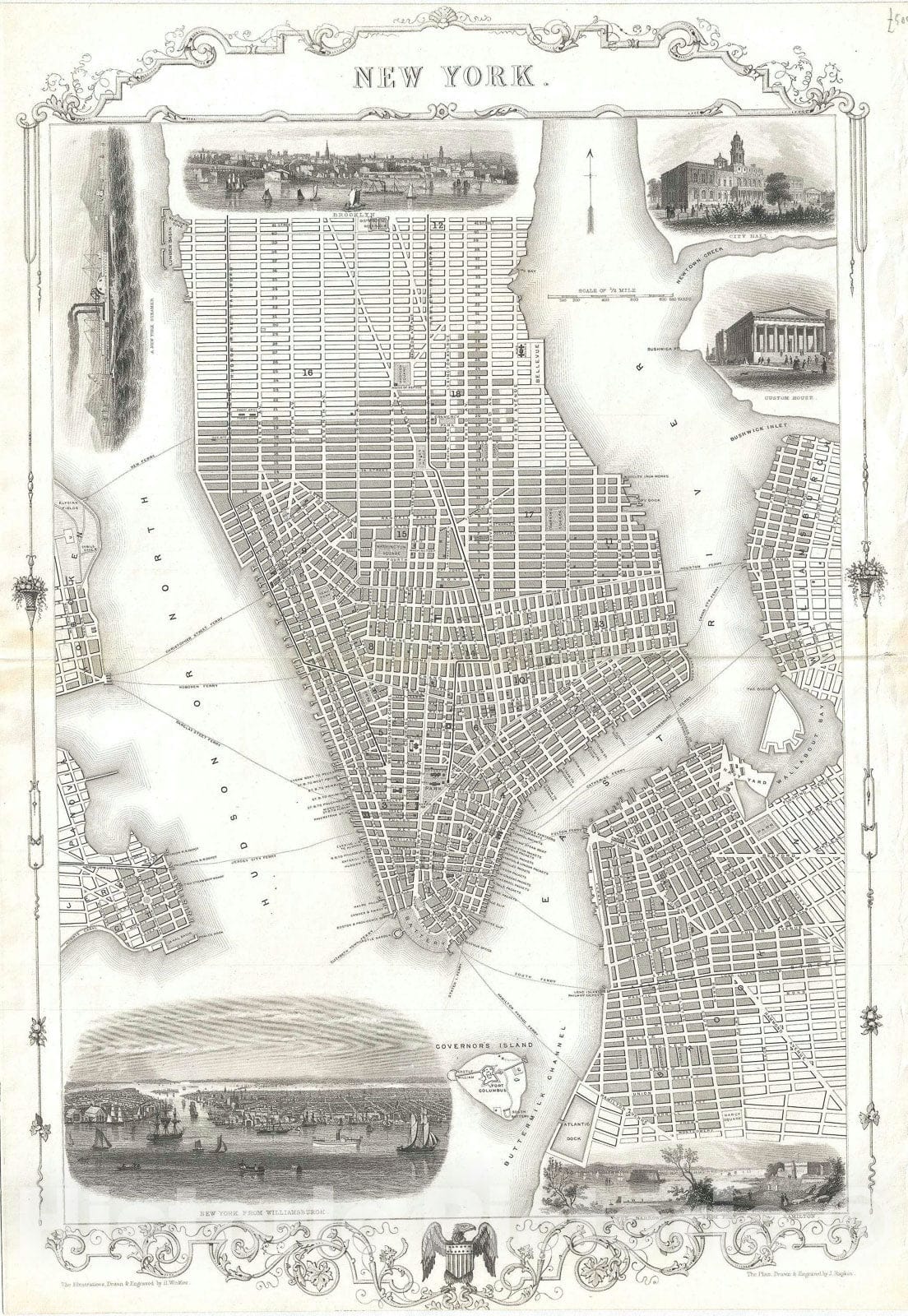 Historic Map : Plan of New York City, John Tallis Plan, 1851, Vintage Wall Art