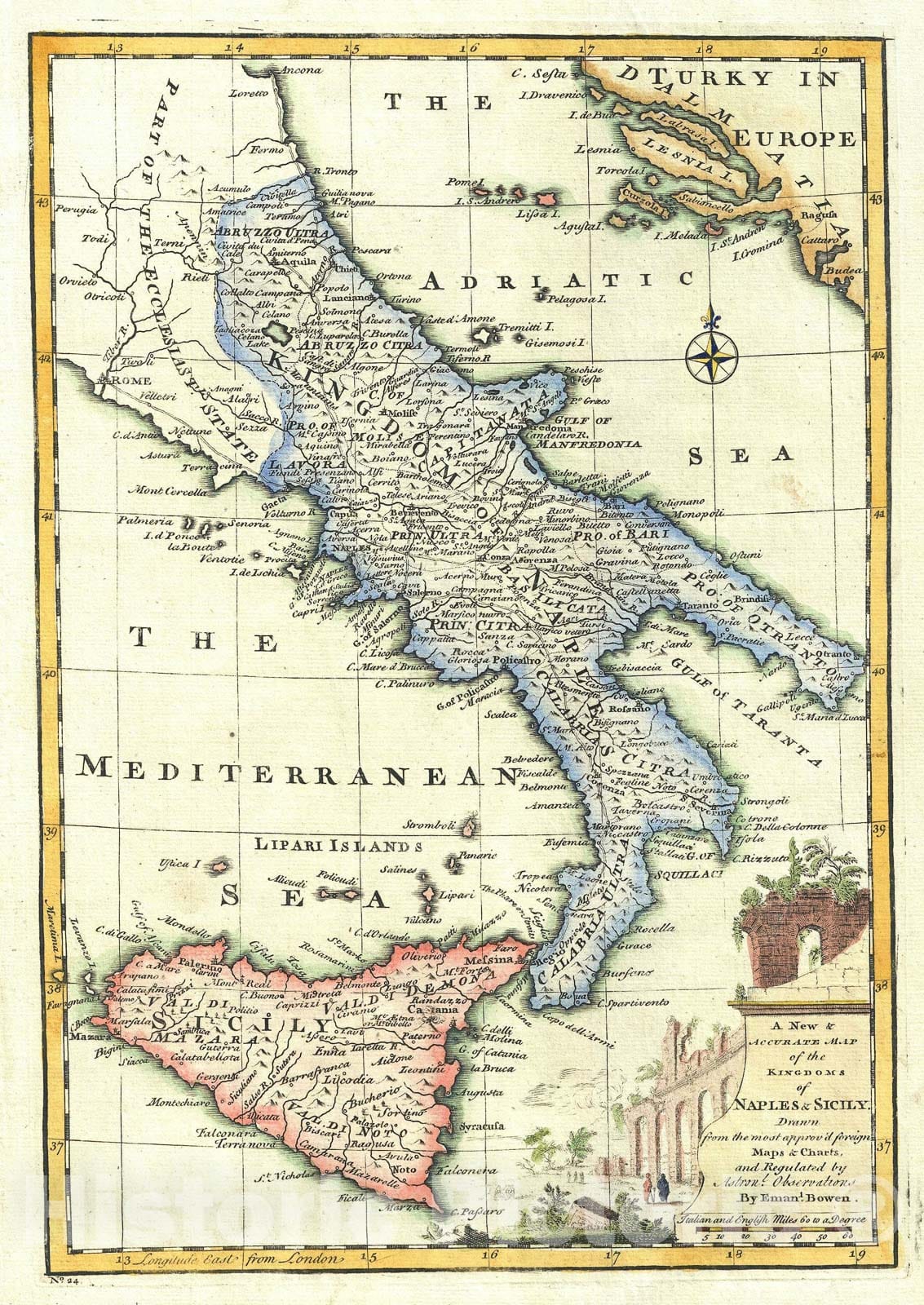 Historic Map : Southern Italy "Naples, Sicily", Bowen, 1747, Vintage Wall Art