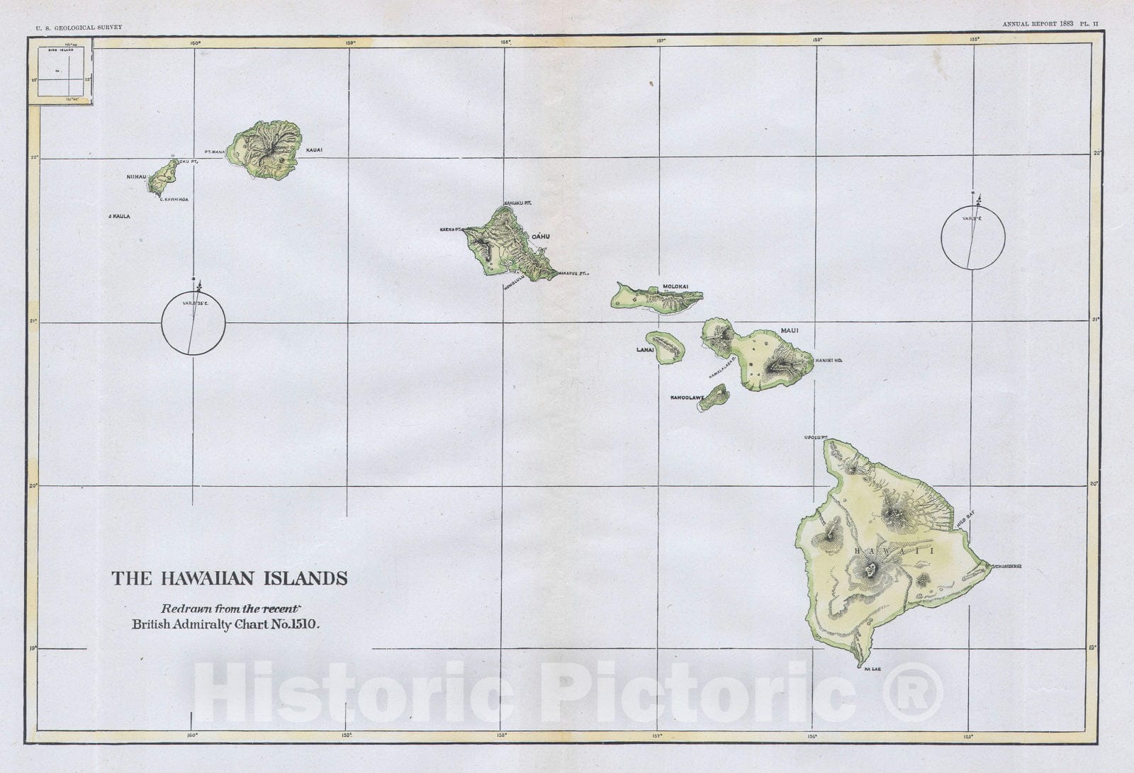 Historic Map : The Hawaiian Islands, U.S.G.S., 1883, Vintage Wall Art