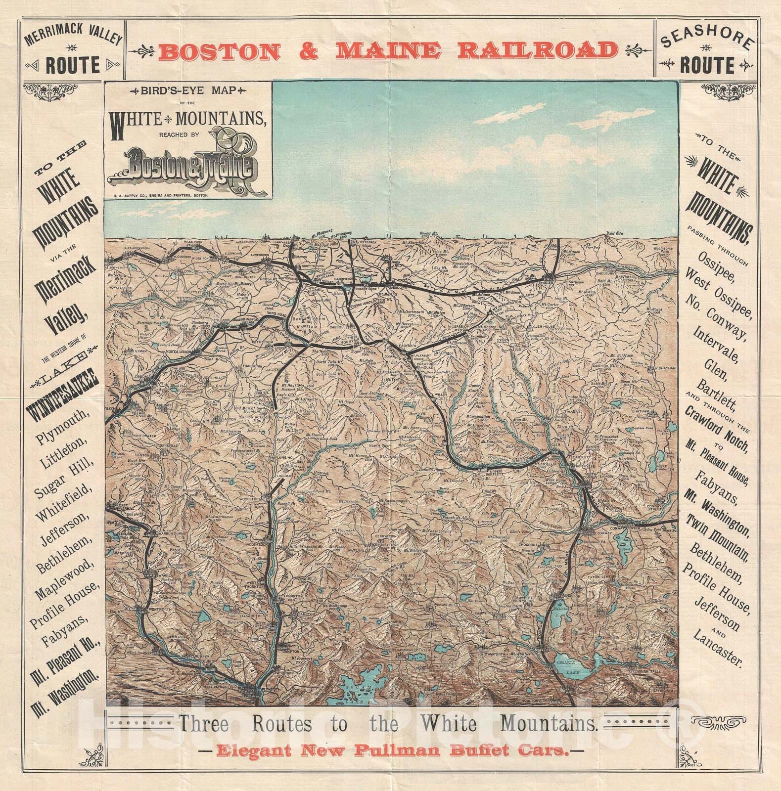 Historic Map : Bird's Eye View of The Boston and Maine Railroad Bird's Eye View of The White Mountains, 1896, Vintage Wall Art