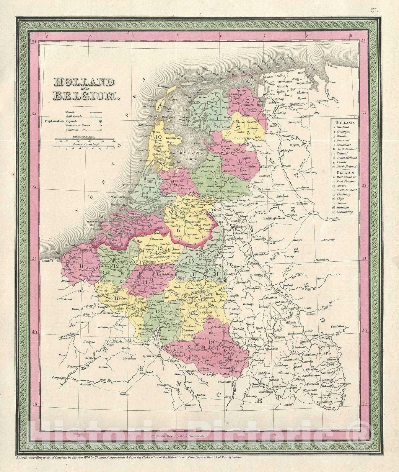 Historic Map : Holland and Belgium, Mitchell, 1854, Vintage Wall Art