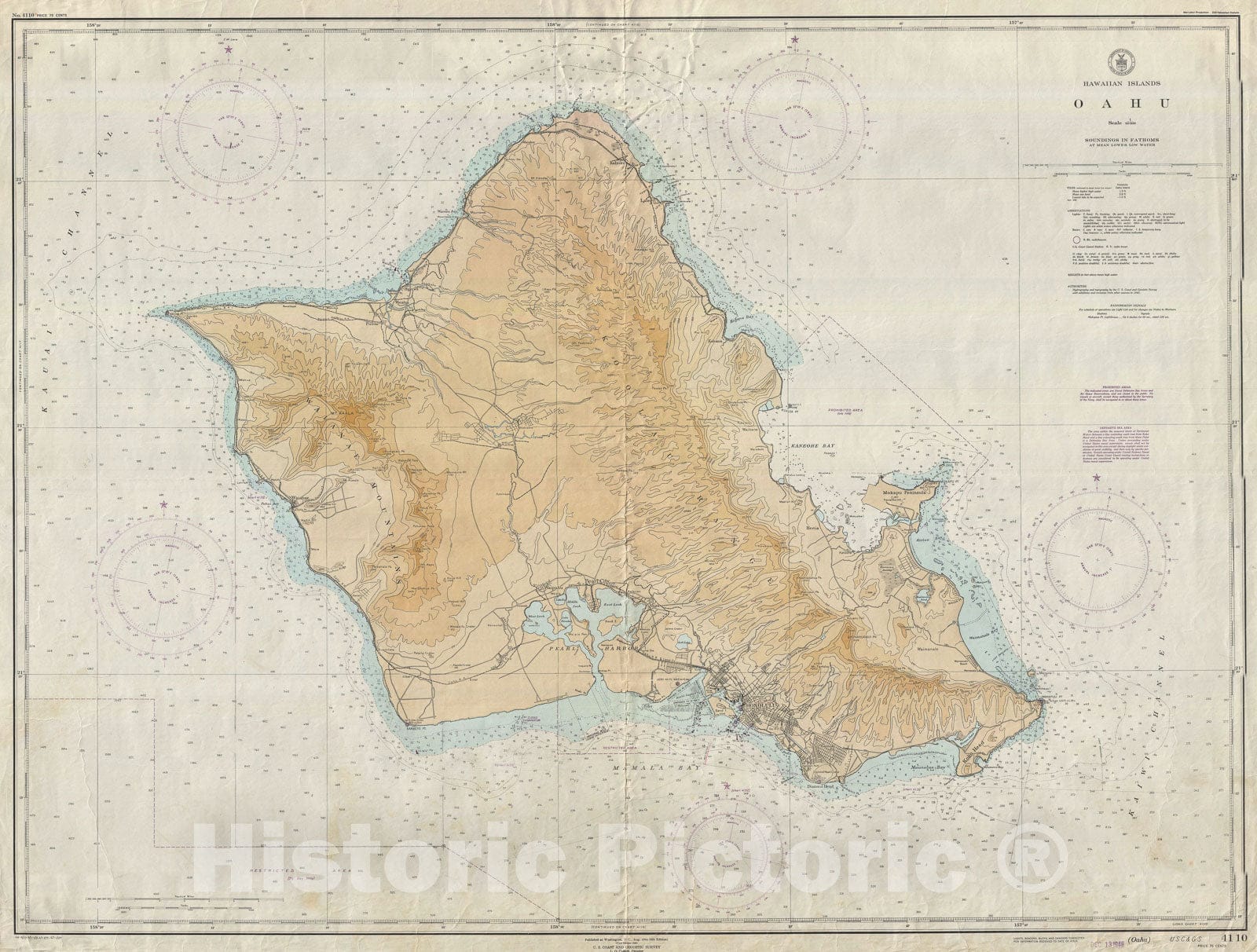 Historic Map : Nautical Chart Oahu, Hawaii, U.S. Coast Survey, 1948, Vintage Wall Art