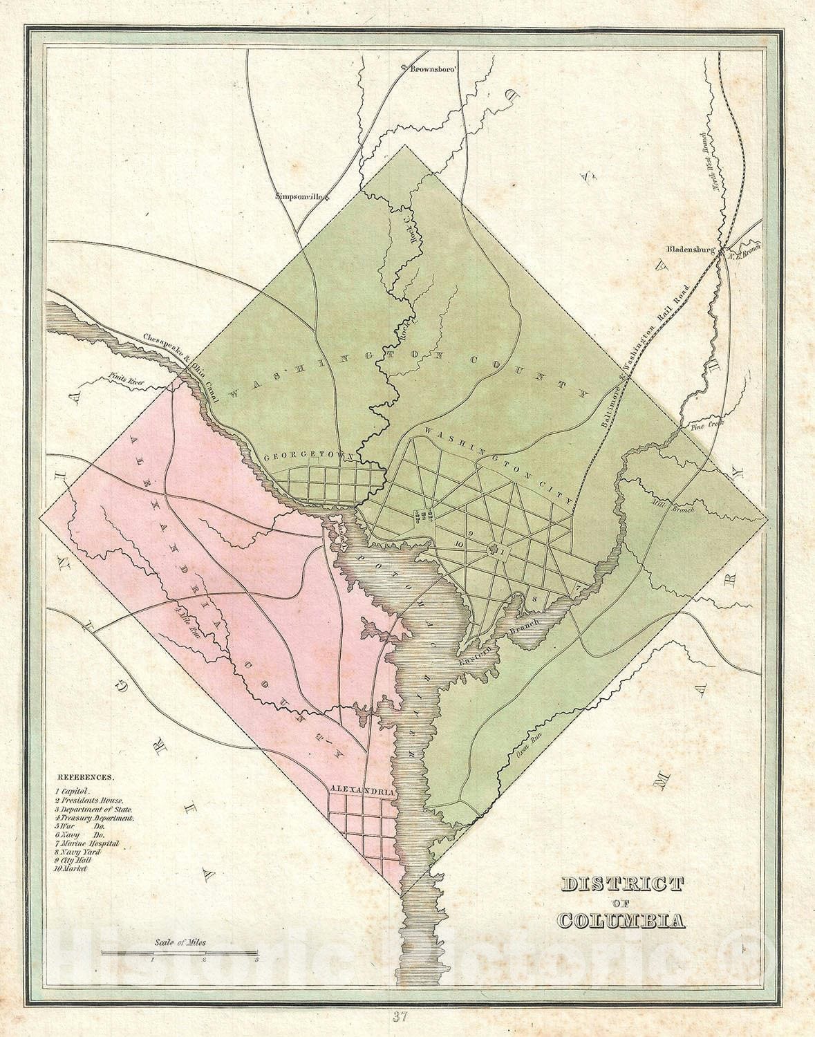 Historic Map : Washington DC, before Retrocession w/ Alexandria, Virginia, BraArtd, 1835, Vintage Wall Art