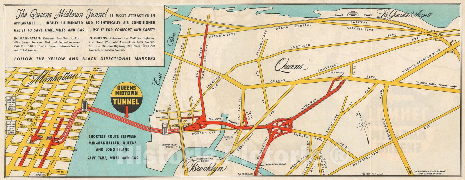 Historic Map : New York City Tunnel Authority Map of The Queens Midtown Tunnel, 1941, Vintage Wall Art