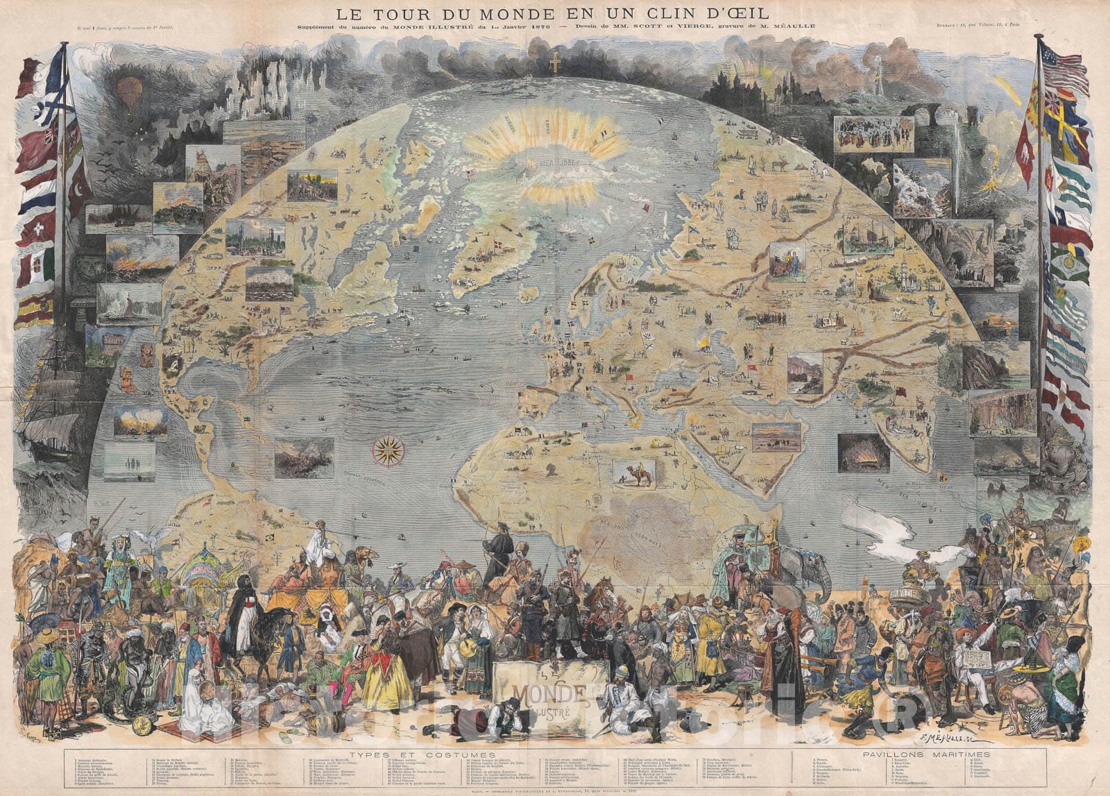 Historic Map : The World 'in The Blink of an Eye', Le Mond, 1876, Vintage Wall Art