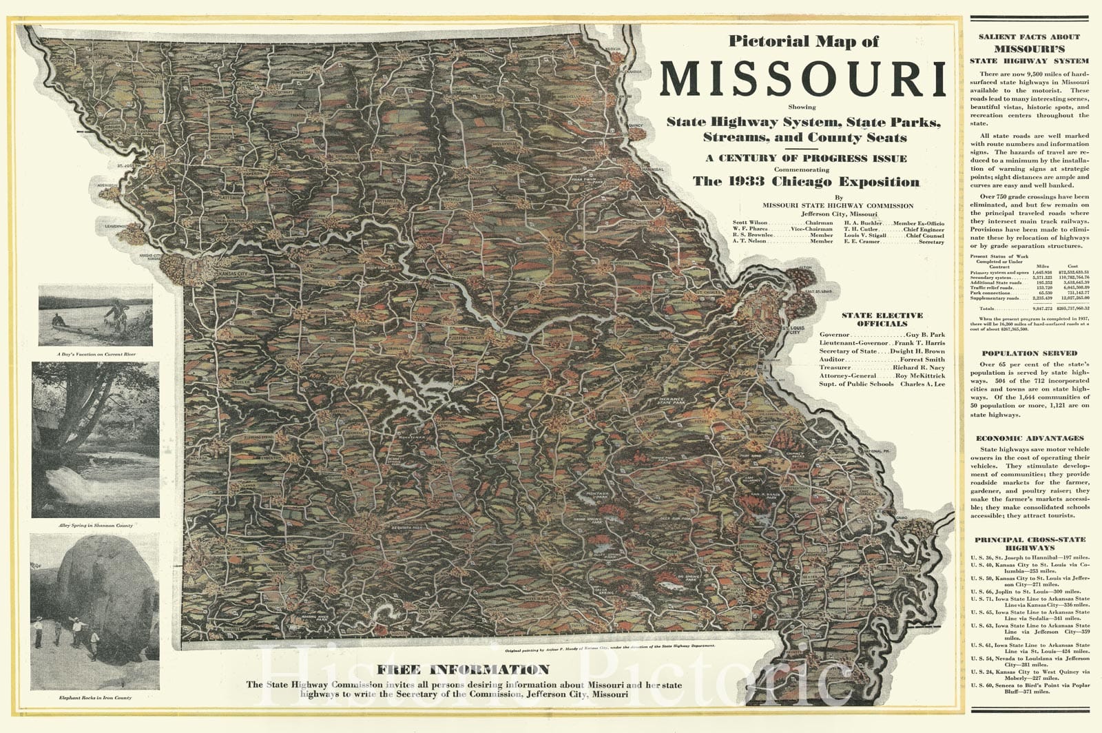 Historic Map : Pictorial Map of Missouri, Moody, 1933, Vintage Wall Art