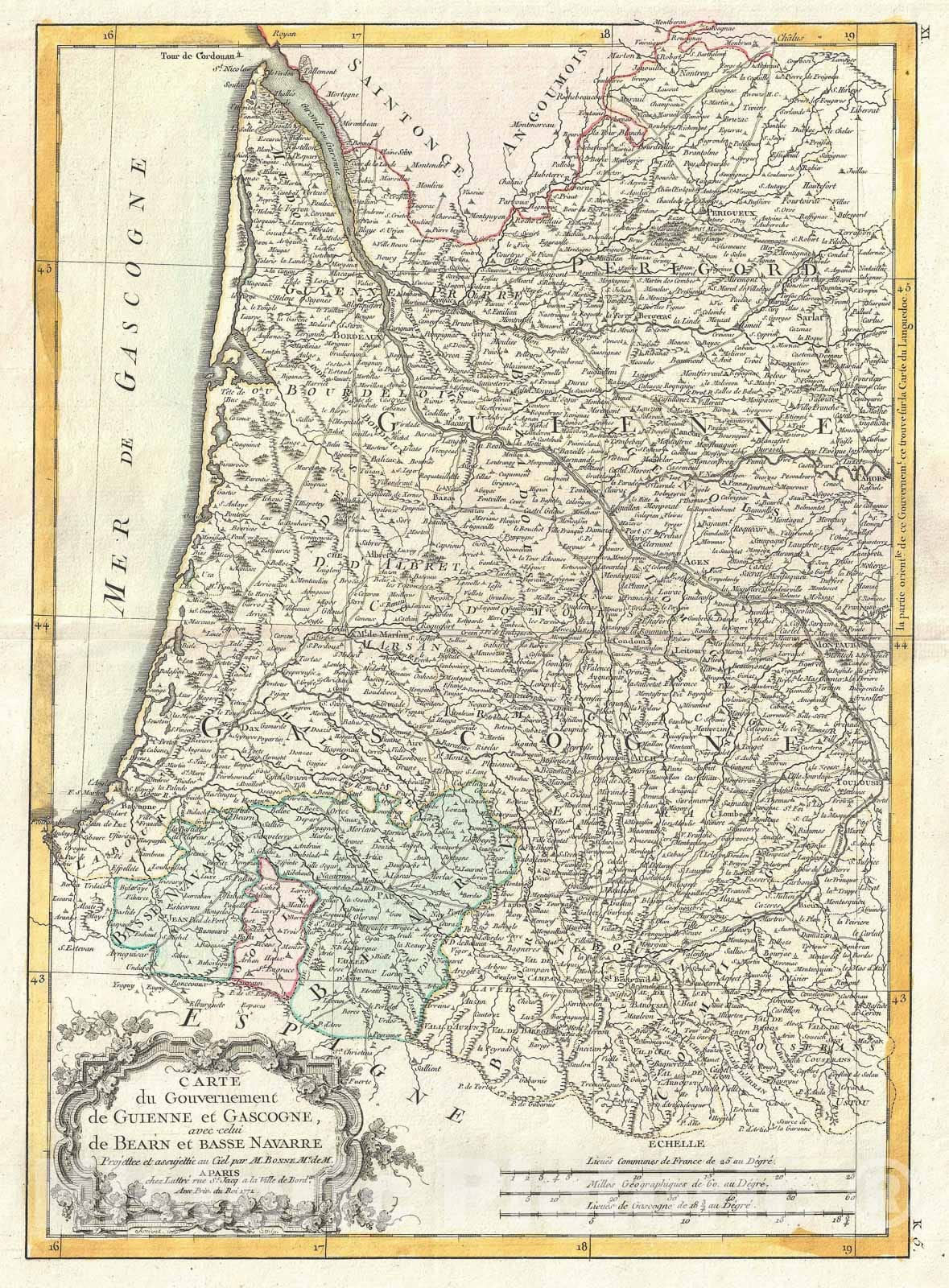 Historic Map : Gironde and Gascony, France "Bordeaux Wine", Bonne, 1771, Vintage Wall Art