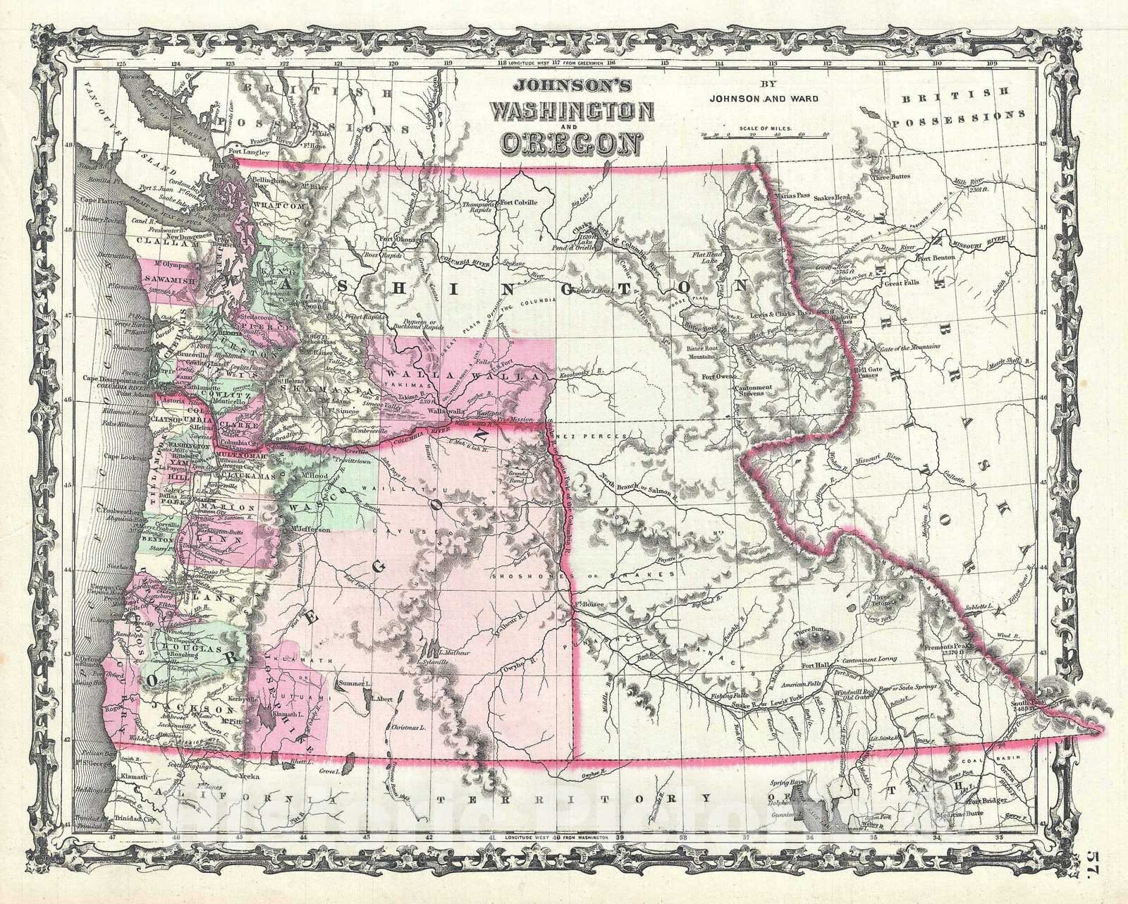 Historic Map : Washington anArtegon, Johnson, 1863, Vintage Wall Art