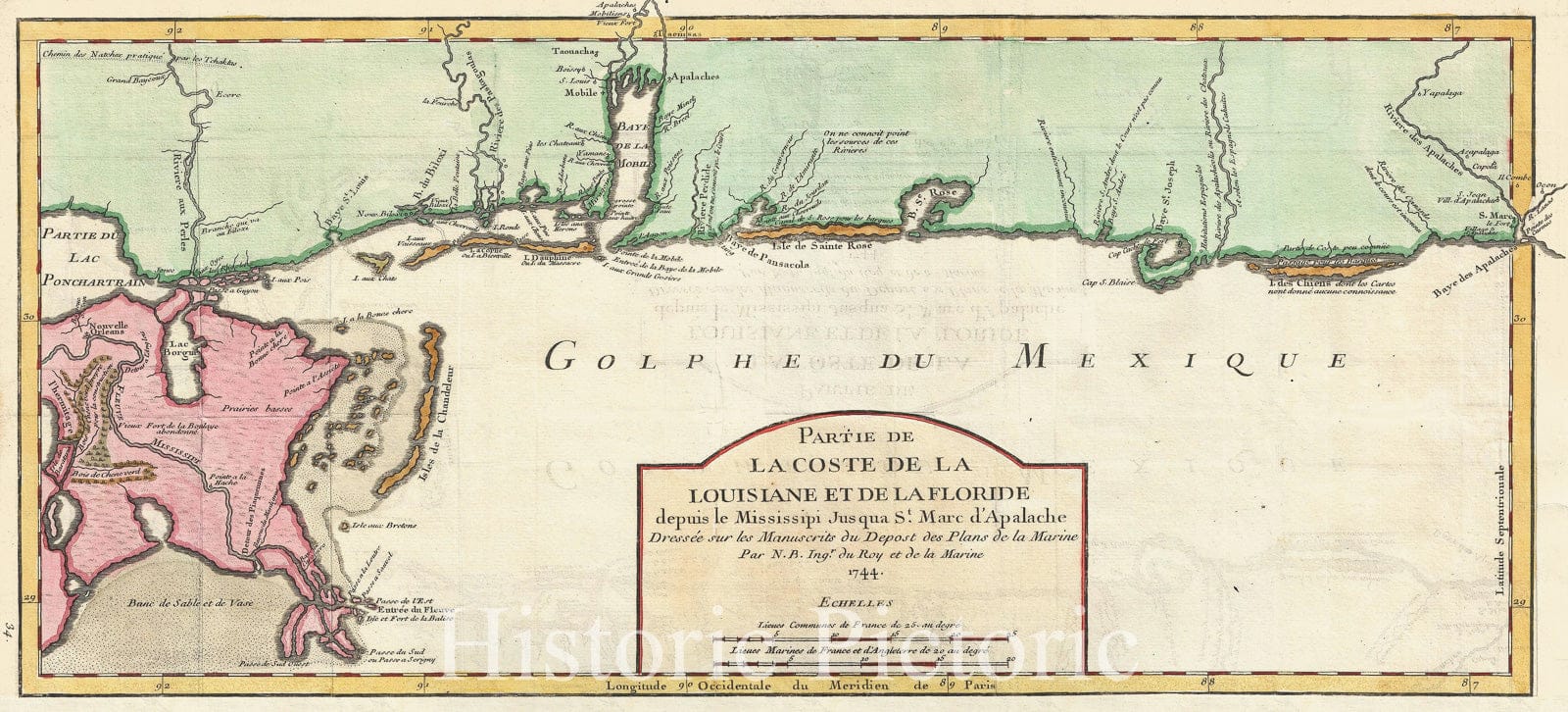 Historic Map : The Gulf Coast: Mississippi Delta, New Orleans, Mobile Bay, St. Marks River, Bellin, 1744, Vintage Wall Art