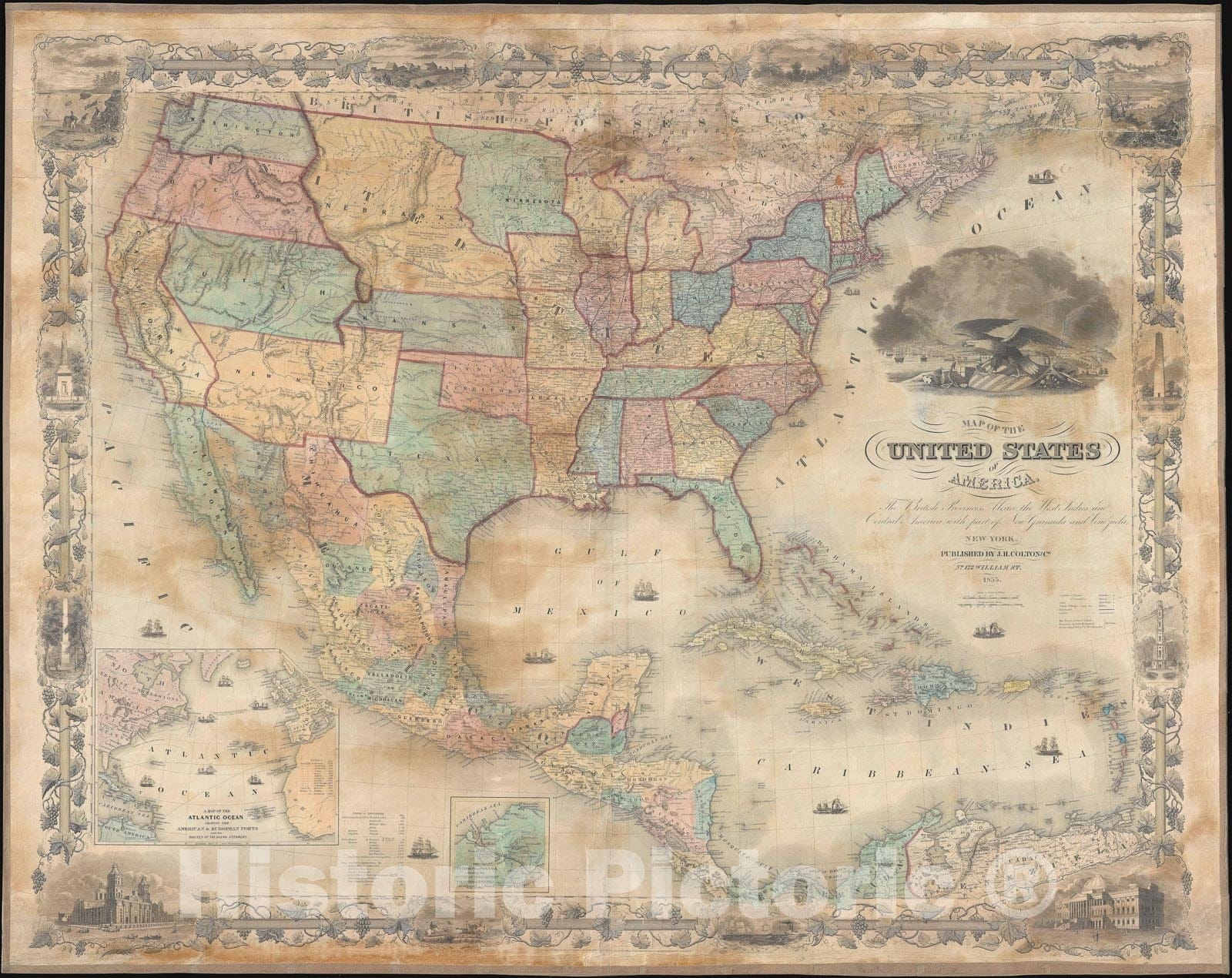 Historic Map : The United States, Colton, 1855 v1, Vintage Wall Art